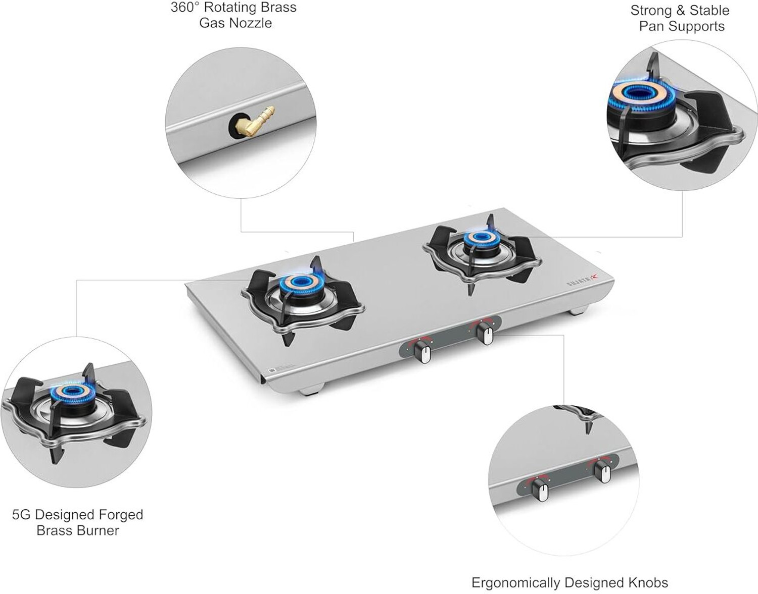 Image of SUJATA Majestic Manual Gas Stove 2 Burner | Gas Chulha for Kitchen | ISI Certified | Stainless Steel Manual Gas Stove