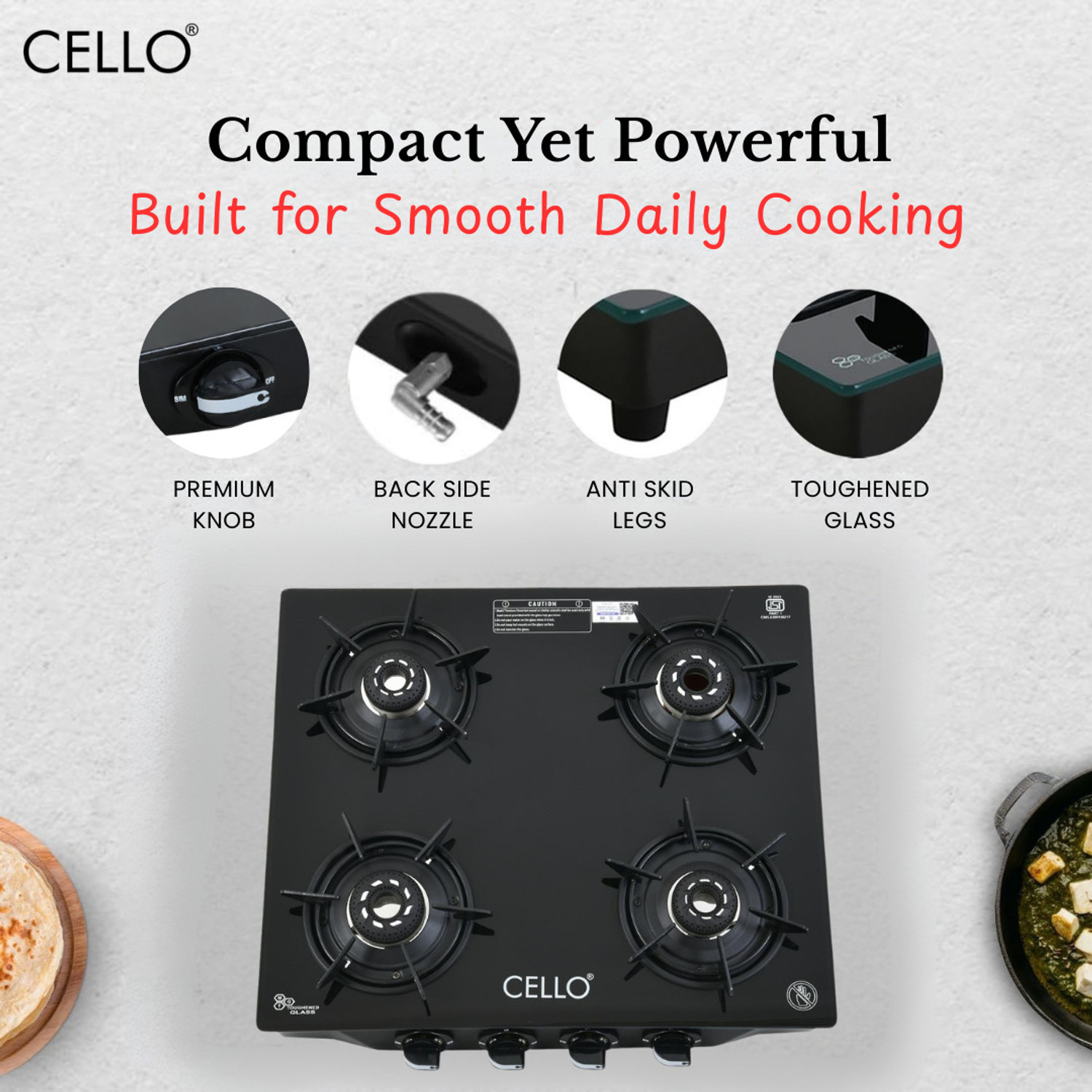 Image of CELLO Dezire Plus 4 Burner Glass Manual Gas Stove (4 Burners)