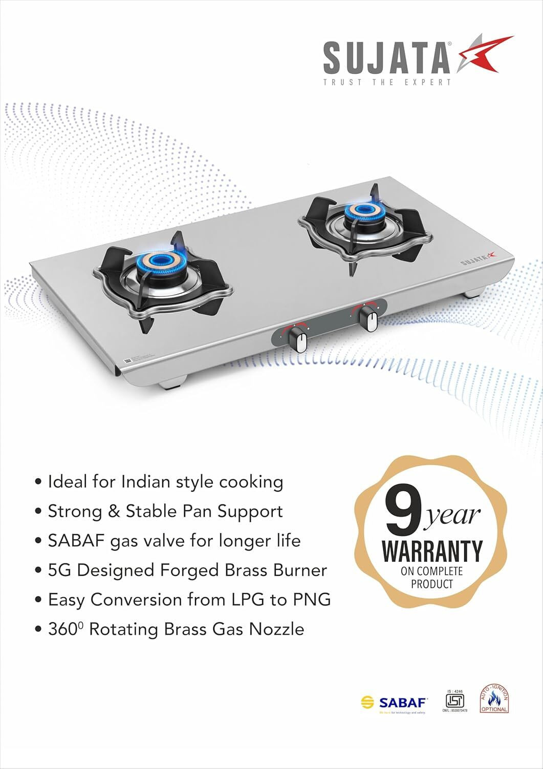 Image of SUJATA Majestic Manual Gas Stove 2 Burner | Gas Chulha for Kitchen | ISI Certified | Stainless Steel Manual Gas Stove