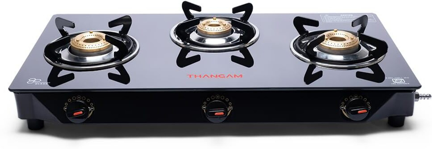 Image of THANGAM Premium Manual Ignition LPG Gas Stove - Black, Glass Manual Gas Stove