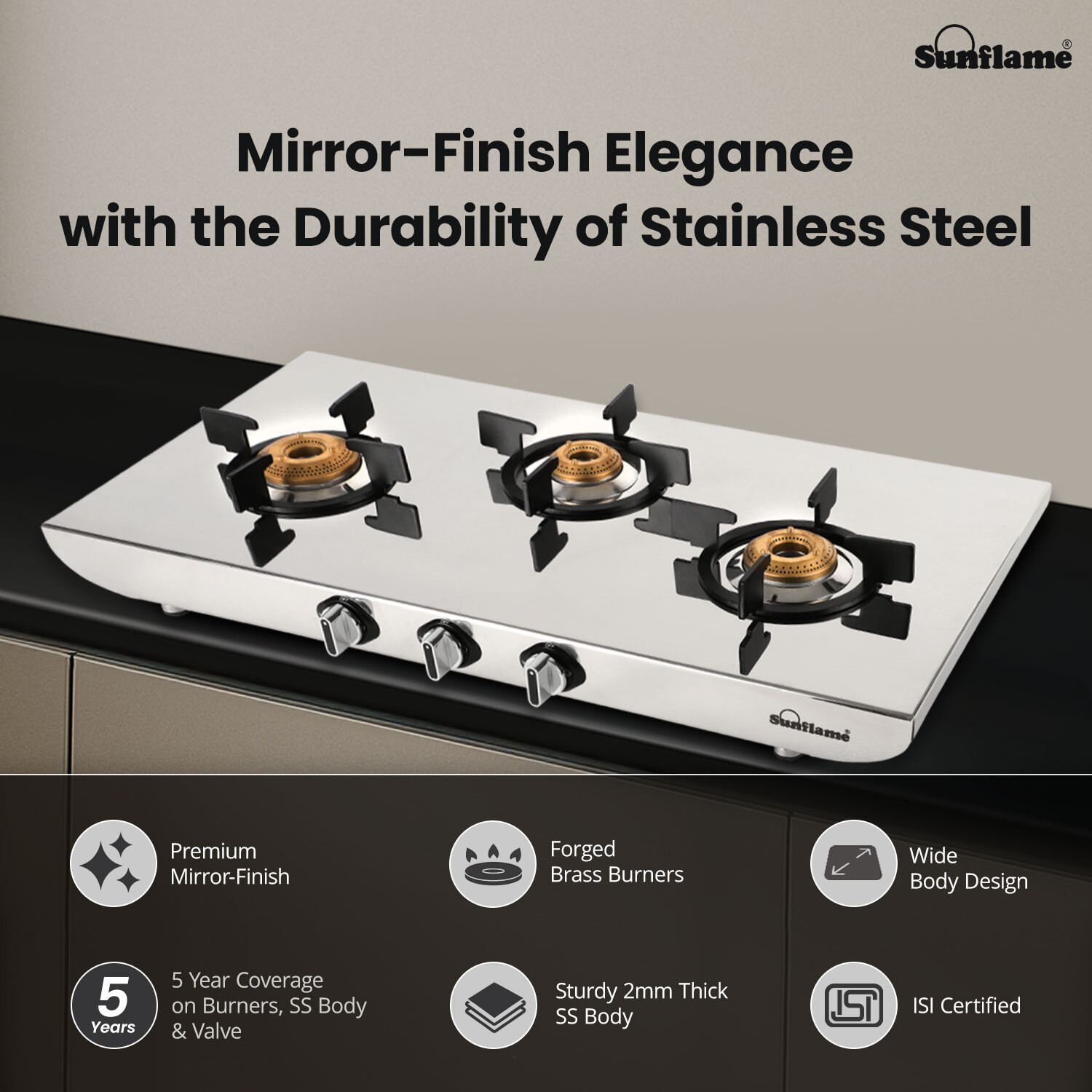 Image of Sunflame 3 Burner Gas Stove with 2 MM Mirror Finish Design, Forged Brass Burners Stainless Steel Manual Gas Stove