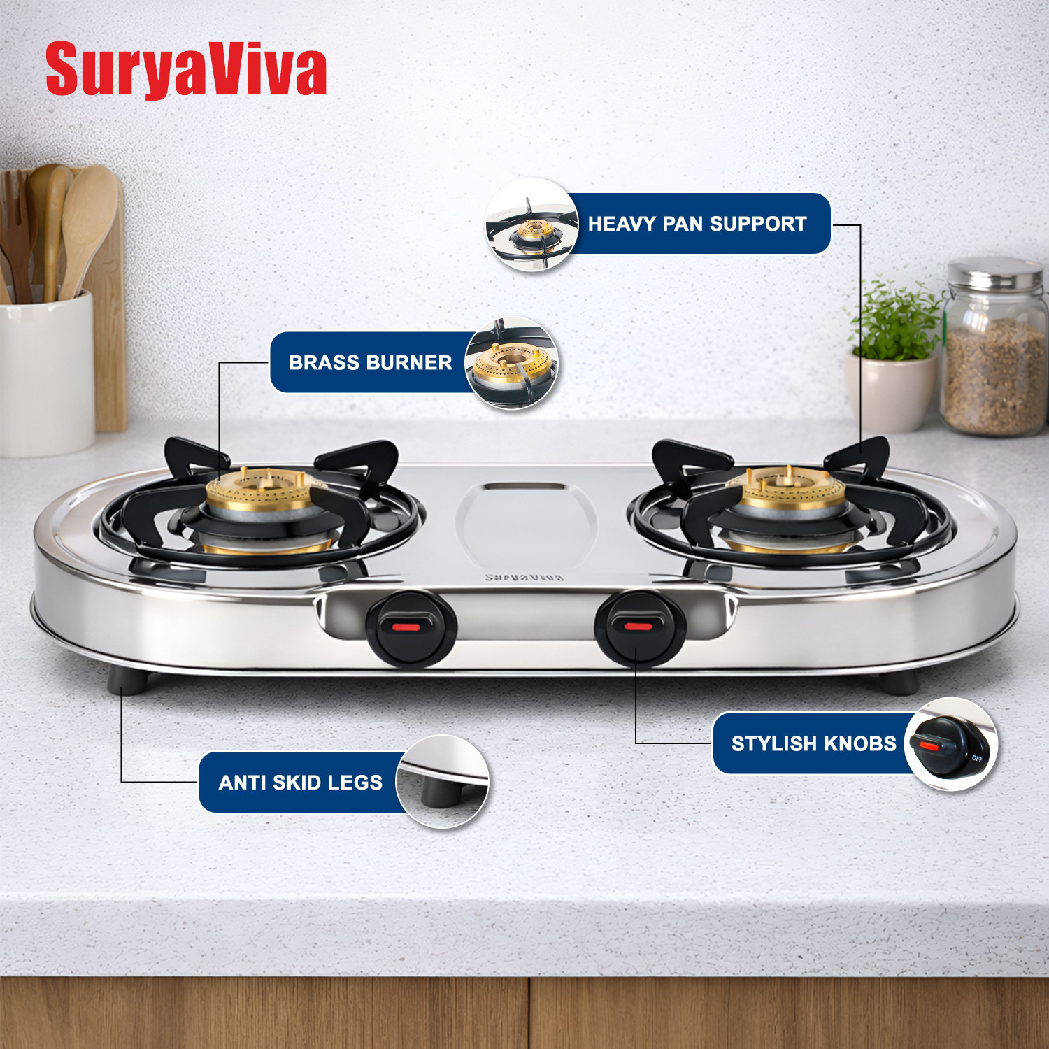 Image of SURYAVIVA Dura Shine 2B Stainless Steel Manual Gas Stove
