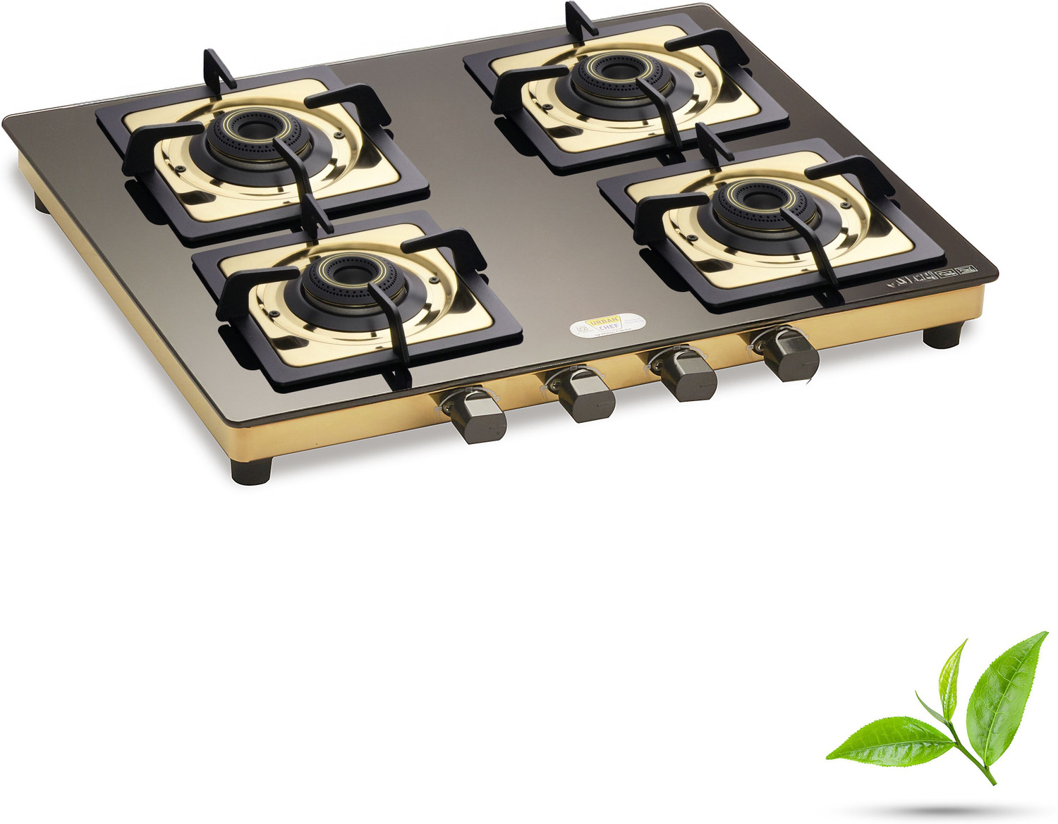 Image of Urban Chef Gas Stove 4 Burner | Gas Chulha for Kitchen | ISI Certified | Gold | Stainless Steel Manual Gas Stove