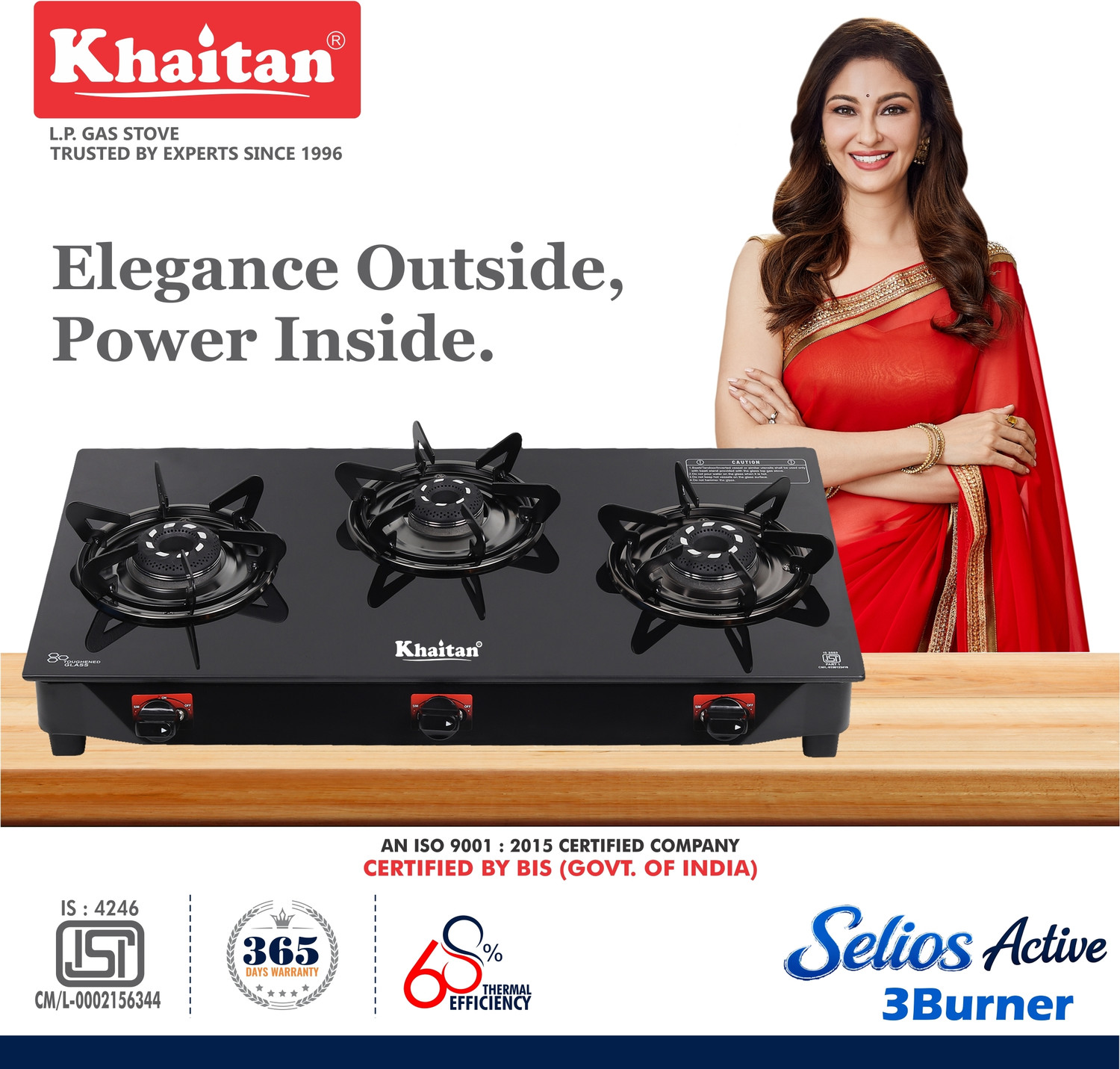 Image of Khaitan 3 Burner Selios Active Black Toughened Glass Manual Gas Stove