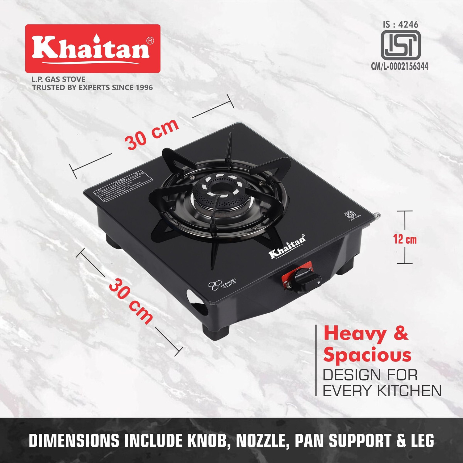 Image of Khaitan Selios 1 Burner Black Toughened Glass Manual Gas Stove