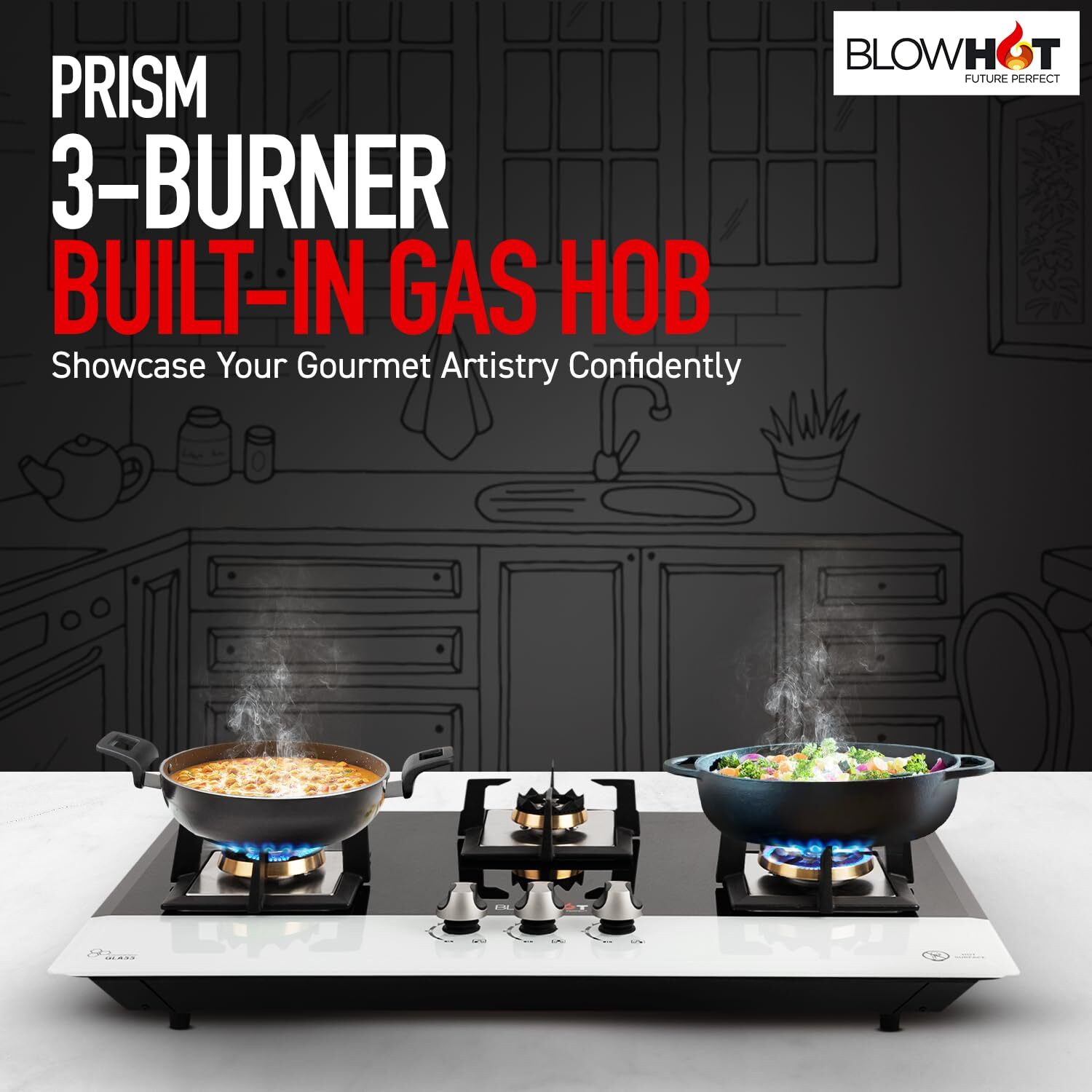 Image of BLOWHOT Prism Auto Ignition 3 Burner, Battery Operated Built - In, Gas Hob Toughened Glass, Aluminium Automatic Hob (3 Burners)