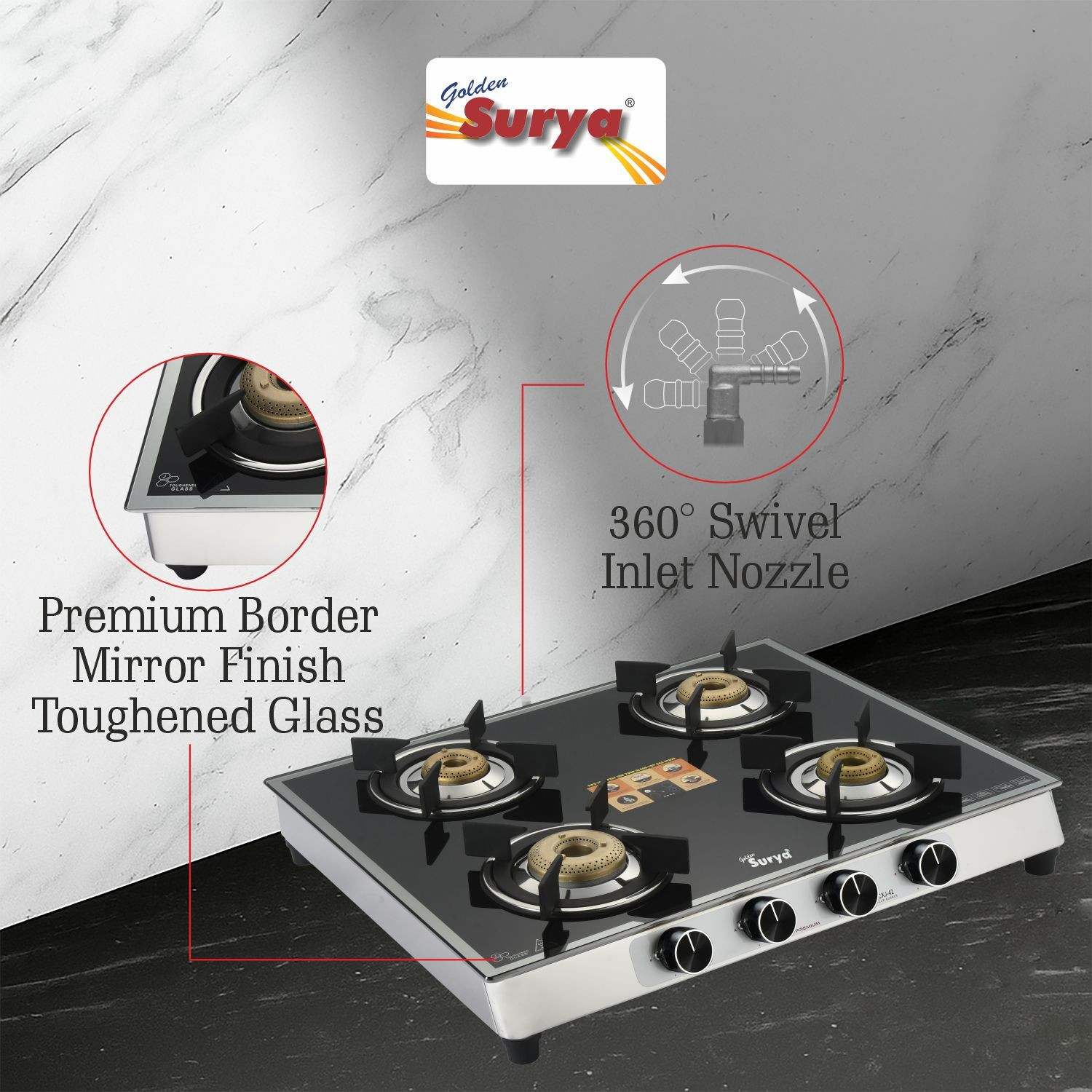 Image of Golden Surya Premium Toughened Glass Top, Manual Ignition (ISI Certified)LPG Use inch Stainless Steel Manual Gas Stove