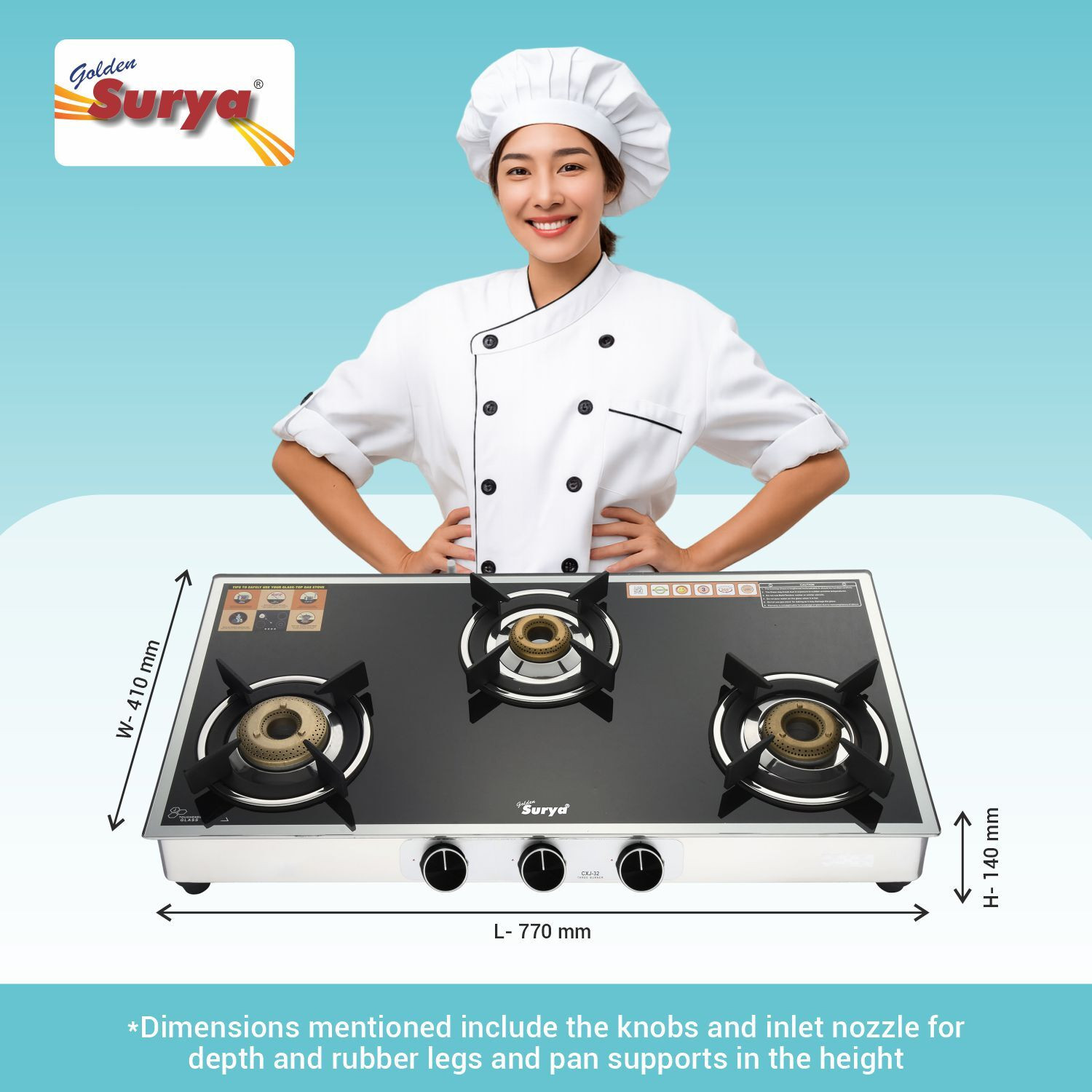 Image of Golden Surya Premium Toughened Glass Top, (ISI-Cerftified) Manual Ignition, Stainless Steel Manual Gas Stove