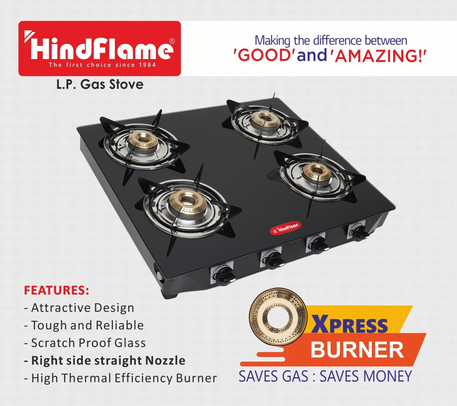 Image of Hindflame 4 Burner Pixel BP Black Toughened Glass Manual Gas Stove