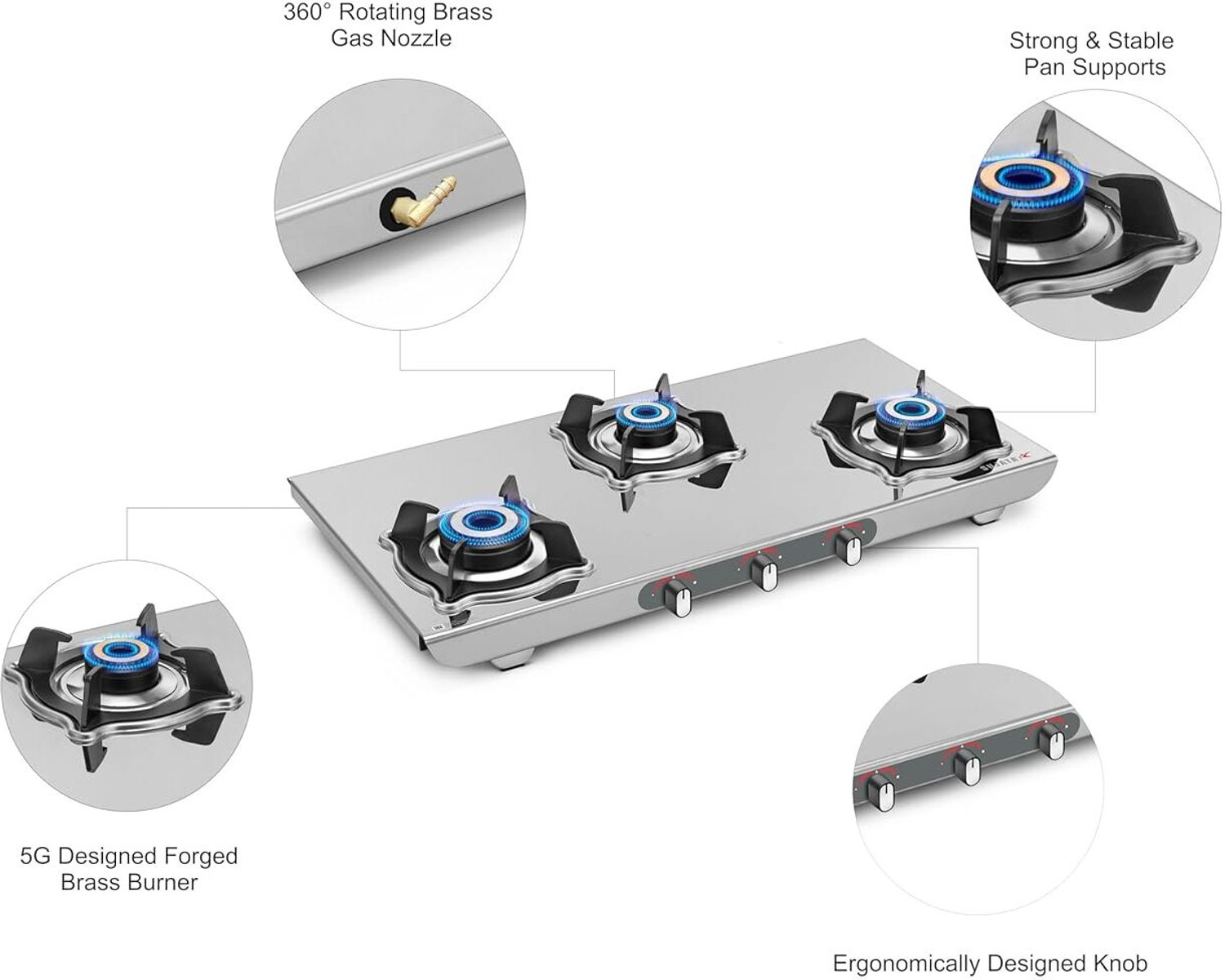 Image of SUJATA Majestic Manual Gas Stove 3 Burner | Gas Chulha for Kitchen | ISI Certified | Stainless Steel Manual Gas Stove