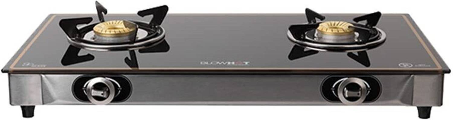 BLOWHOT Pearl Piezo 2 Burners Heavy Brass Coated Iron, Stainless Steel Frame Toughened Glass, Iron Automatic Gas Stove