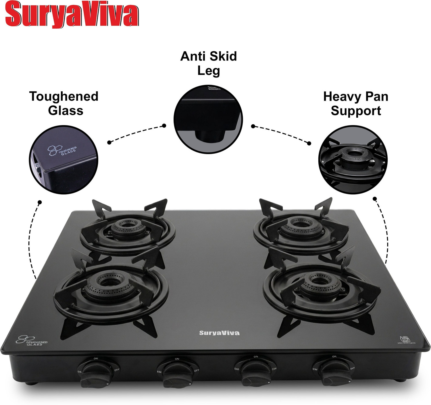 Image of SURYAVIVA 4B Photon X Black Toughened Glass Manual Gas Stove