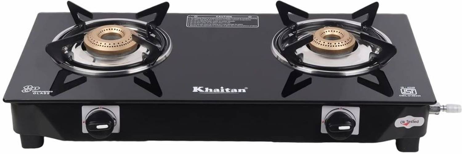 Khaitan 2 Burner BP-NANO MS Black Toughenend Glass Manual Gas Stove