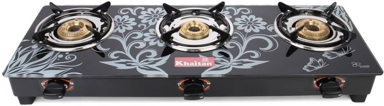Khaitan byKhaitan 3 Burner BP-GIO MS White Digital ISI Marked Toughened Glass Manual Gas Stove