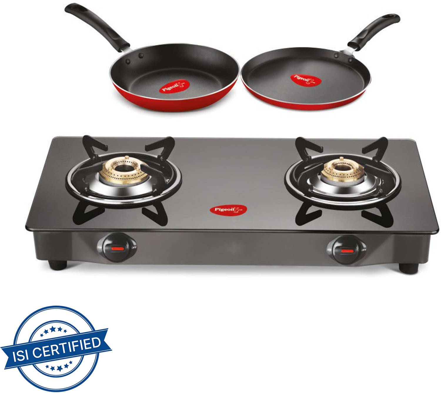 Pigeon Combo - Brunet Cooktop + Flat tawa 250 + Fry Pan 240 Glass Manual Gas Stove