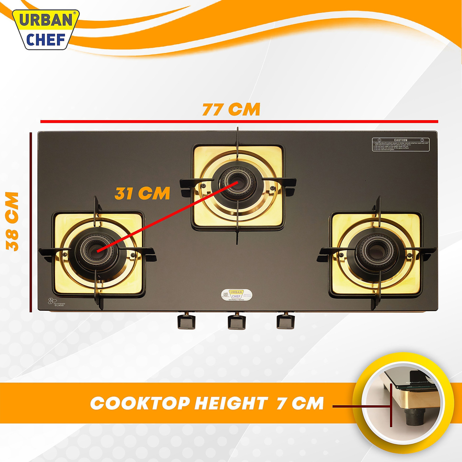 Image of Urban Chef Gas Stove 3 Burner | Gas Chulha for Kitchen | ISI Certified | Gold | Stainless Steel Manual Gas Stove