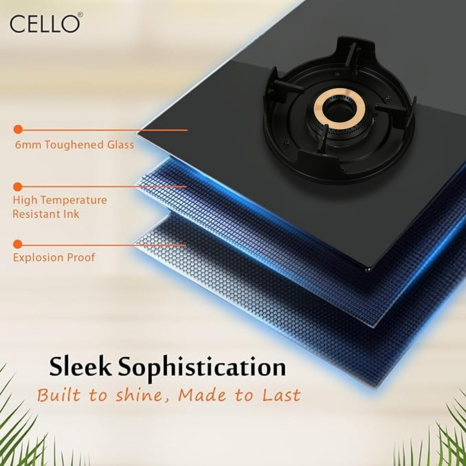 Image of CELLO Granito 2 Burner Black Gas Cooktop, Dual Shade Toughened Glass, ISI Certified Glass Manual Gas Stove