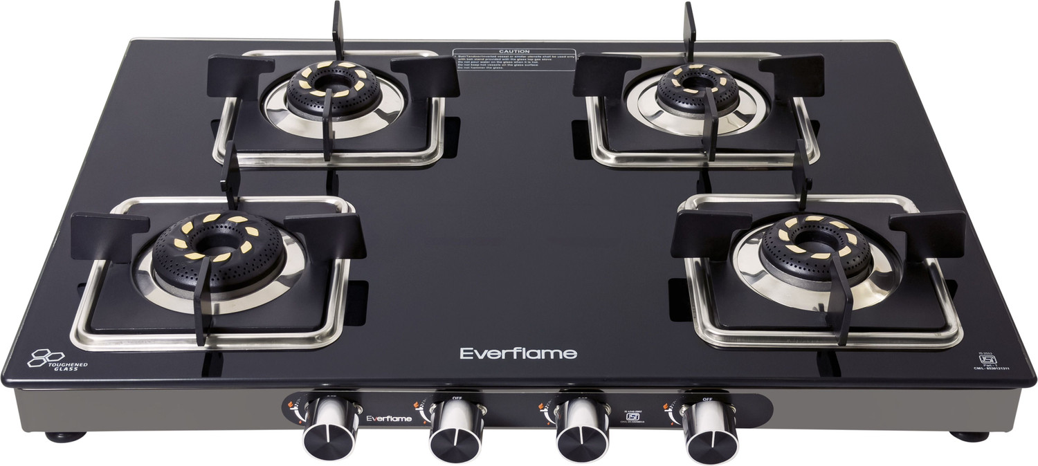 Image of Everflame Astra 4 Burner Gas Stove Manual Ignition 5G Forged Brass Burner AI Slim Body Glass Manual Gas Stove