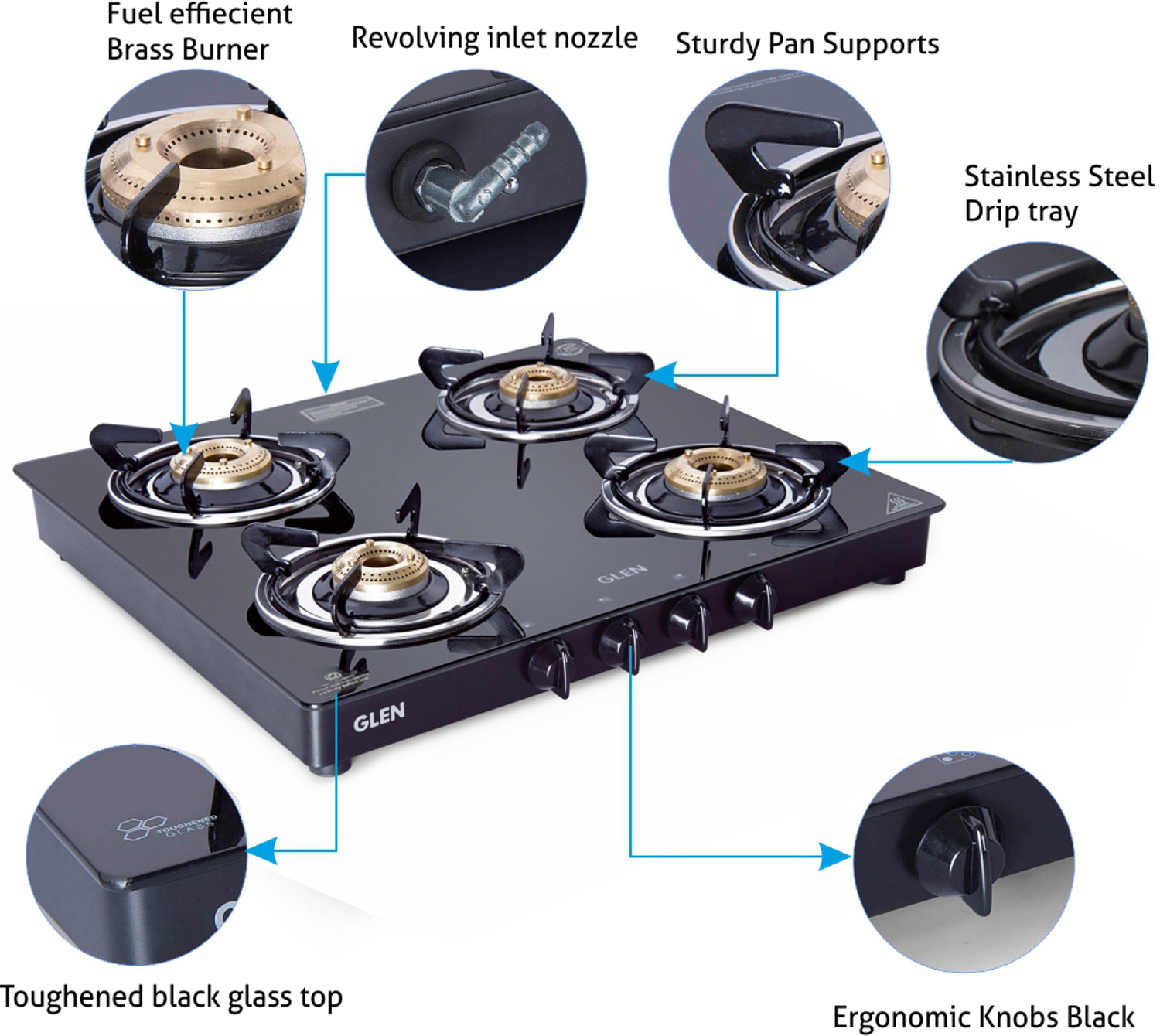 Image of Glen Brass Burner Toughened Glass Top|LPG Gas Stove|Manual Ignition|ISI Certified Glass Manual Gas Stove