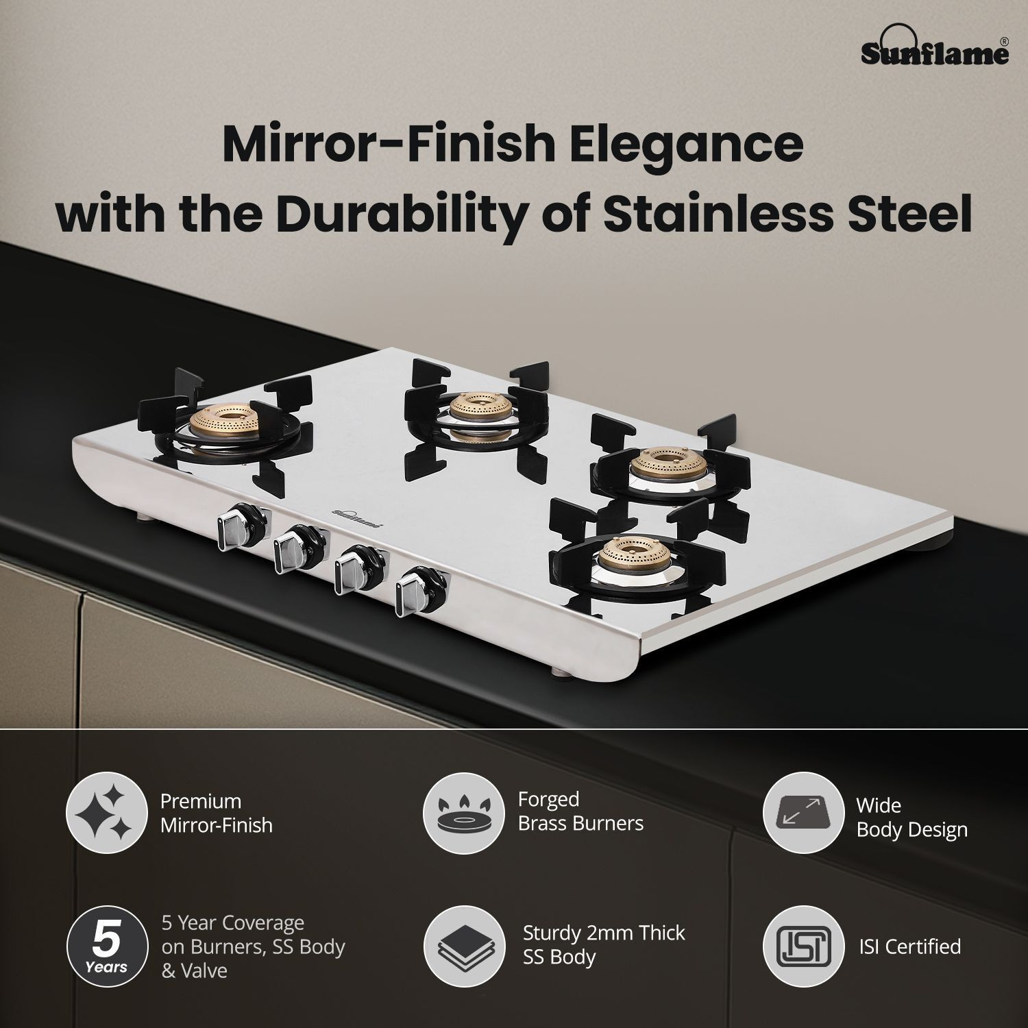 Image of Sunflame 4 Burner Gas Stove with 2 MM Mirror Finish Design, Forged Brass Burners Stainless Steel Manual Gas Stove