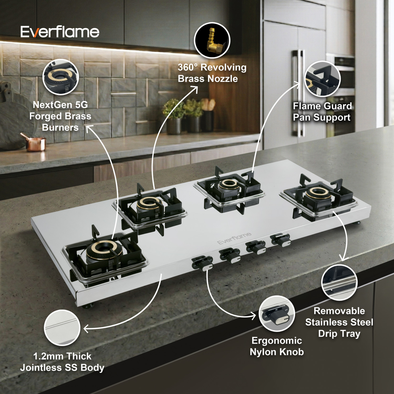 Image of Everflame Prime 4 Burner Long Gas Stove ISI Certified Cooktop Forged Brass Burner Stainless Steel Manual Gas Stove