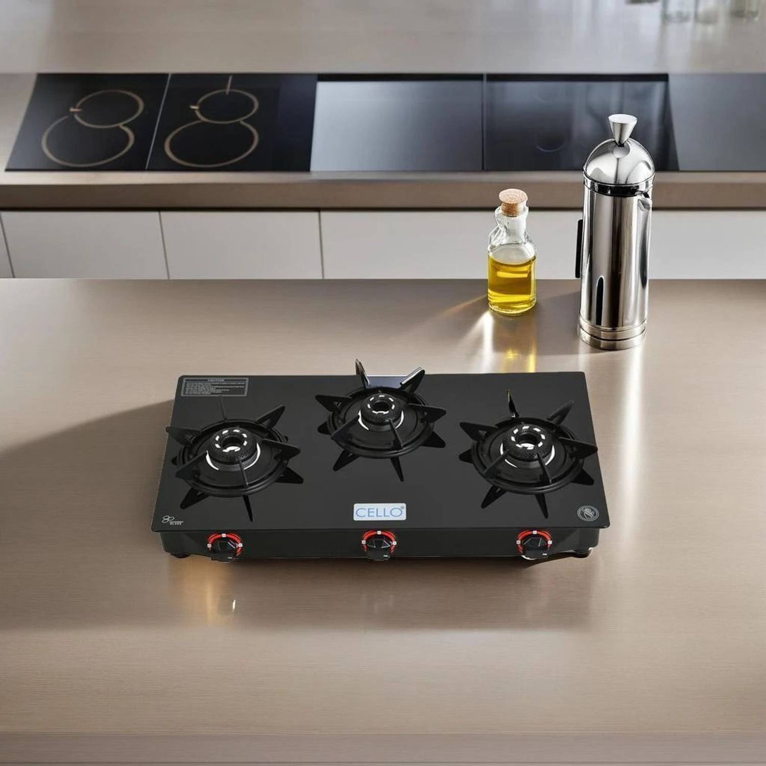 CELLO Hexa Manual Ignition Black Aluminium Alloy Burner Toughened Glass Glass Manual Gas Stove