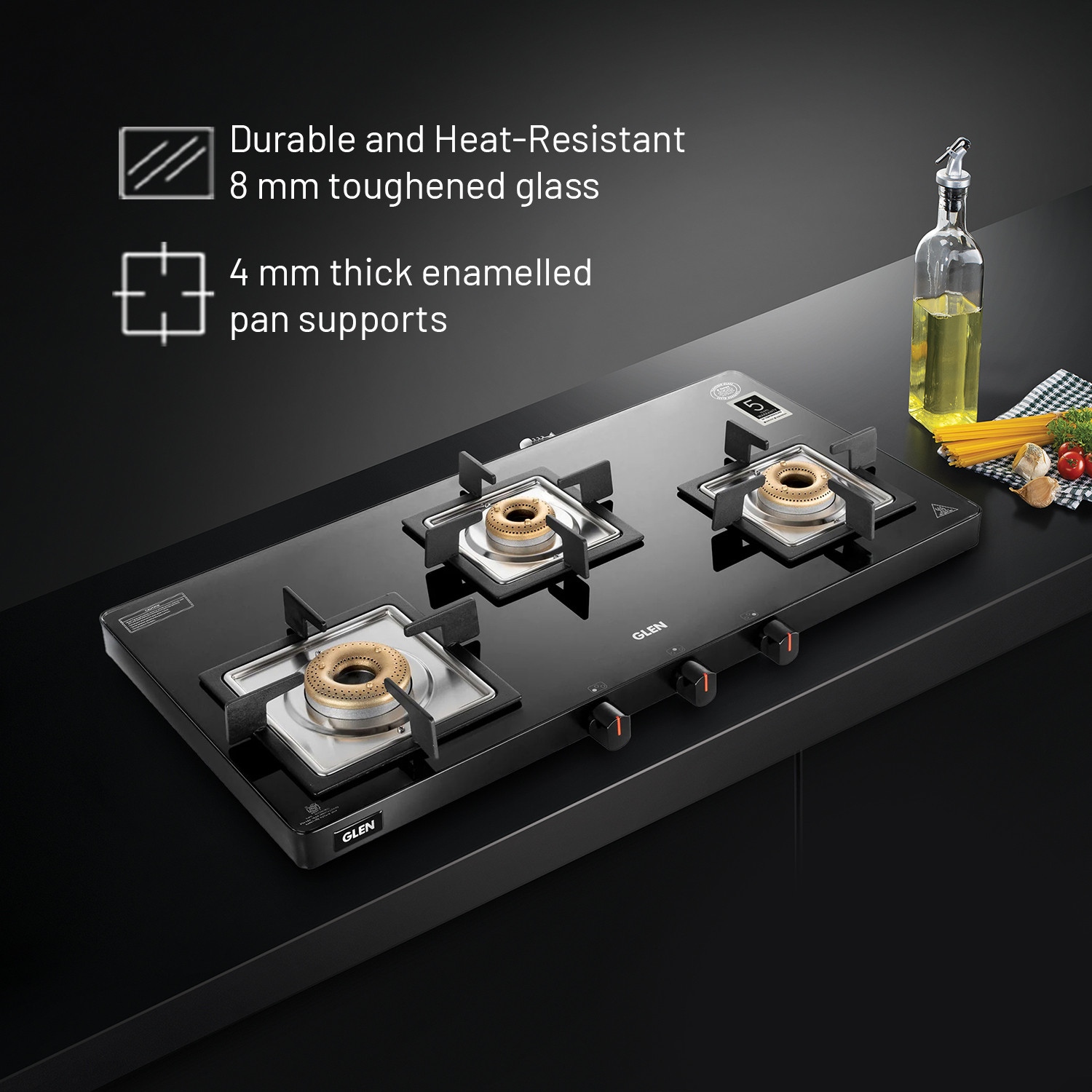 Image of Glen Ultra Slim Glass Gas Stove with 3 High Flame Forged Brass Burner CT1035USBL Glass Manual Gas Stove