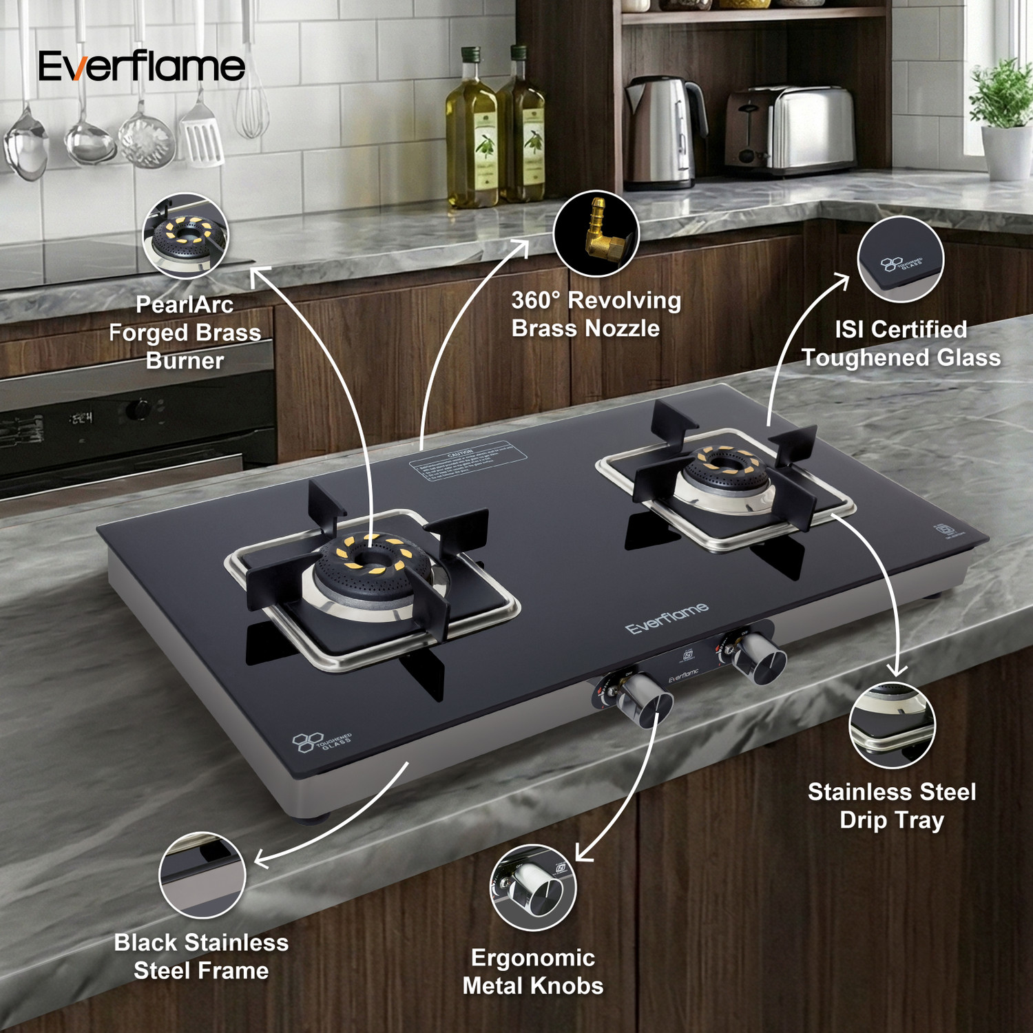 Image of Everflame Astra 2 Burner Toughened Glass Cooktop | ISI Approved | High Efficiency | Glass Manual Gas Stove