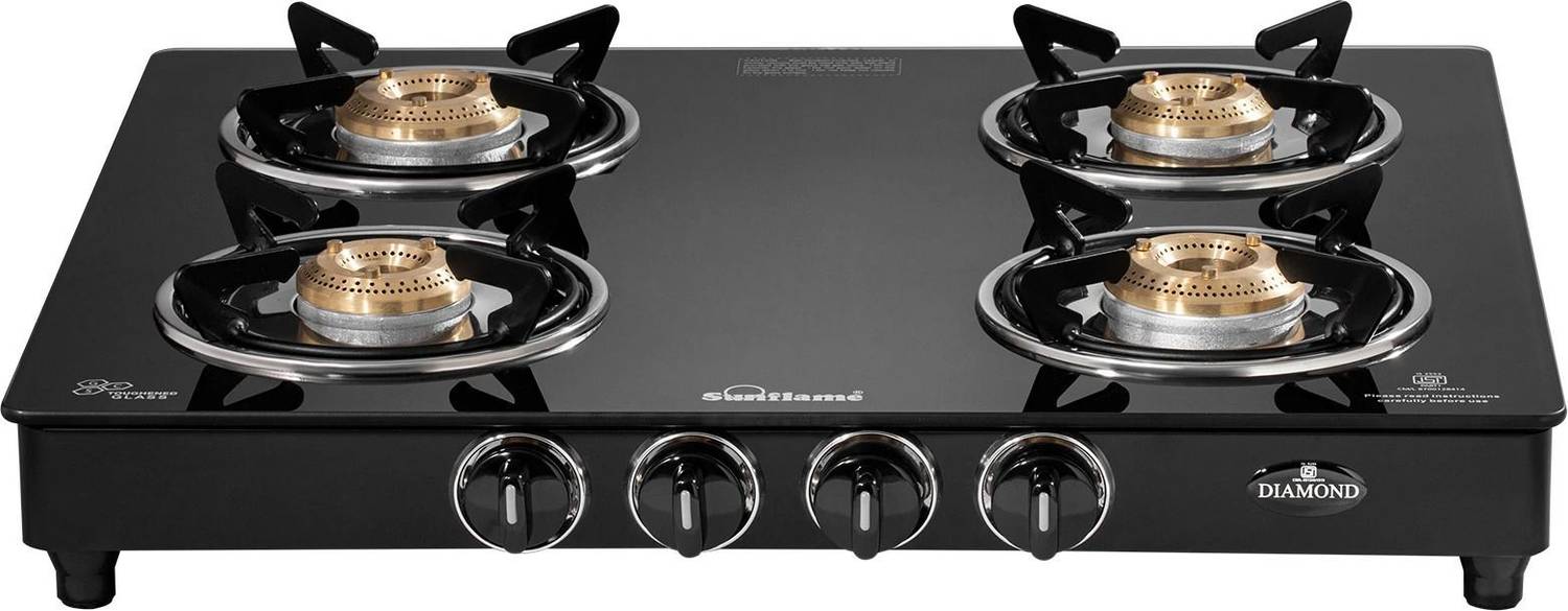 Sunflame LPG STOVE GT 4B DIAMOND BK Glass Manual Gas Stove