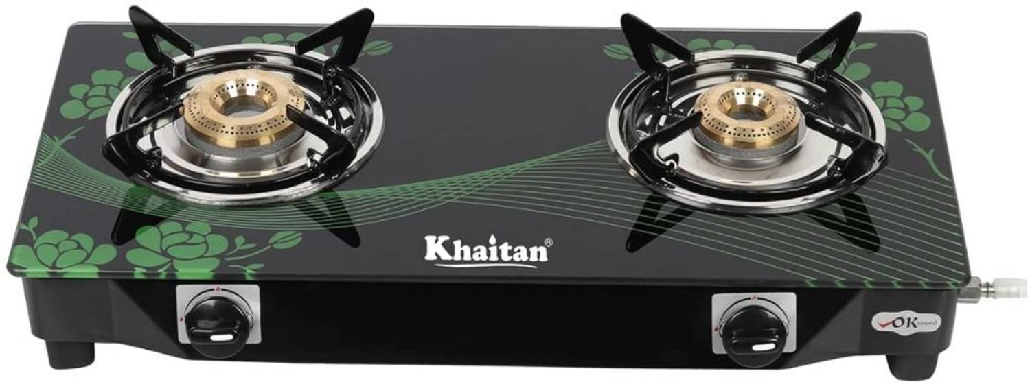 Khaitan 2 Burner BP-NANO MS Green Digital Toughened Glass Manual Gas Stove