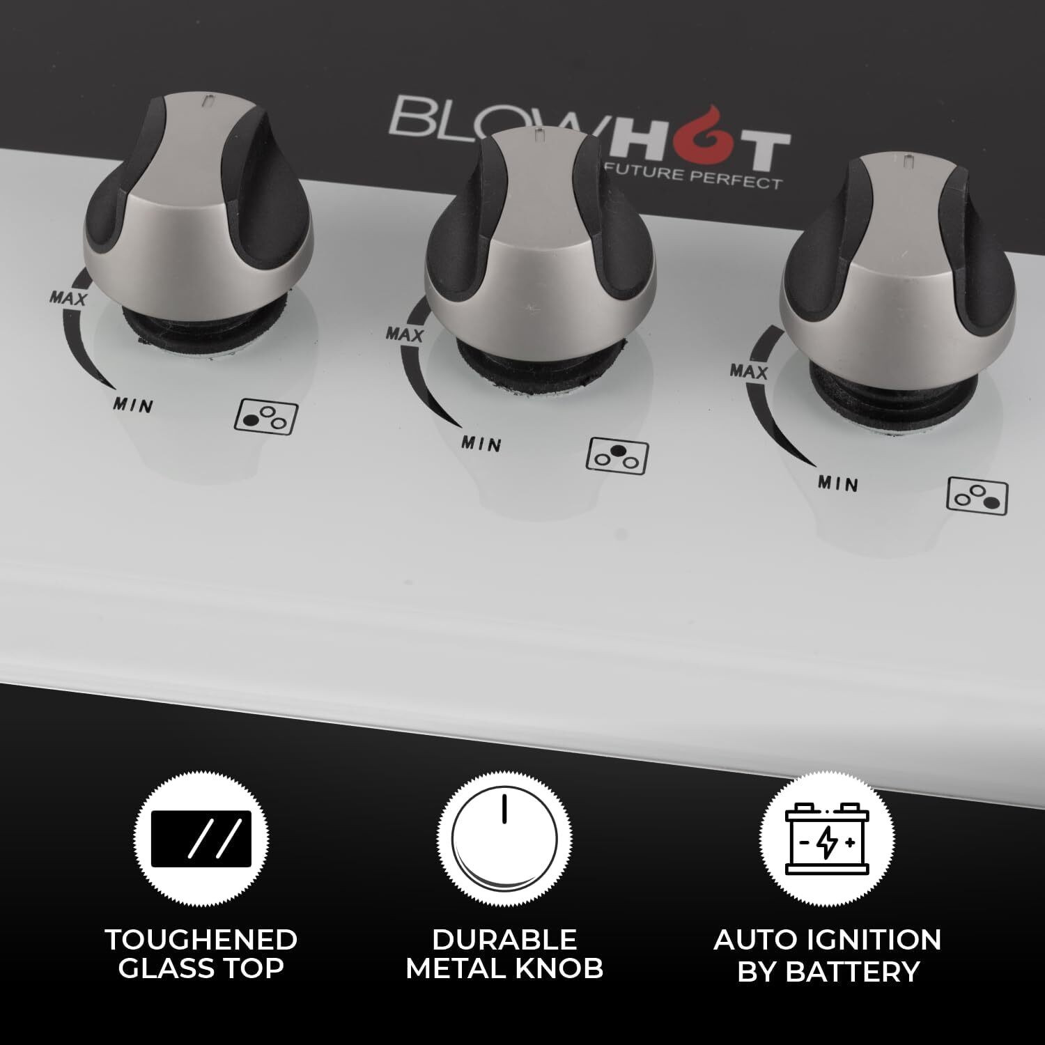 Image of BLOWHOT Prism Auto Ignition 3 Burner, Battery Operated Built - In, Gas Hob Toughened Glass, Aluminium Automatic Hob (3 Burners)