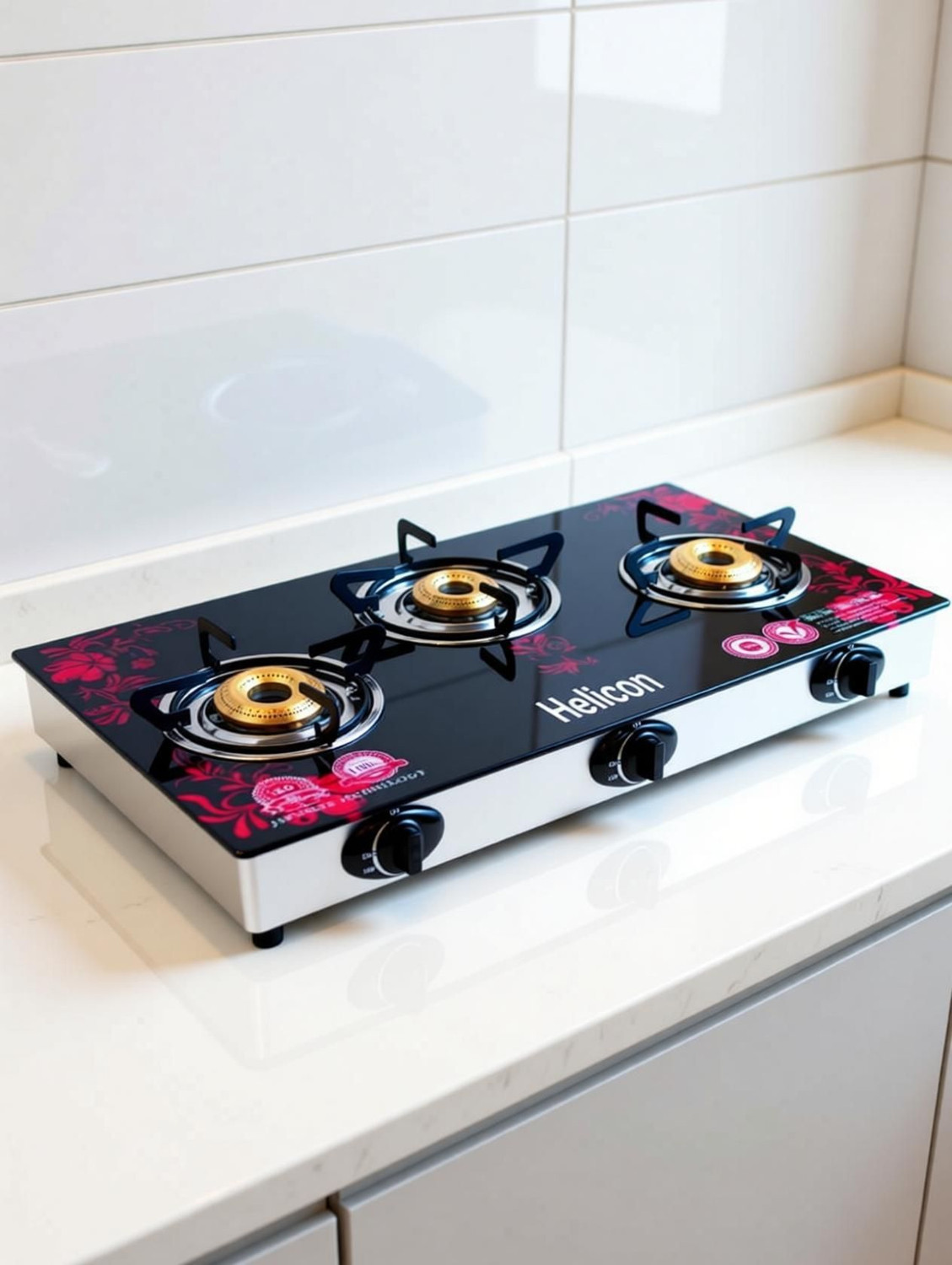 Image of helicon Red & Black Glass, Stainless Steel Automatic Gas Stove