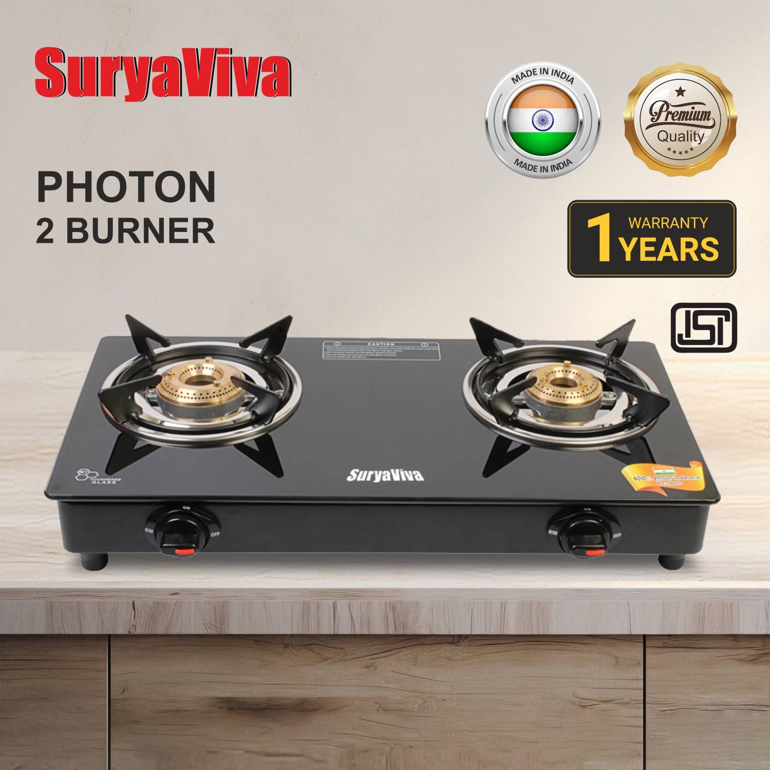 SURYAVIVA 2B BK Toughened 2 Cast Iron (,Black) Glass Manual Gas Stove