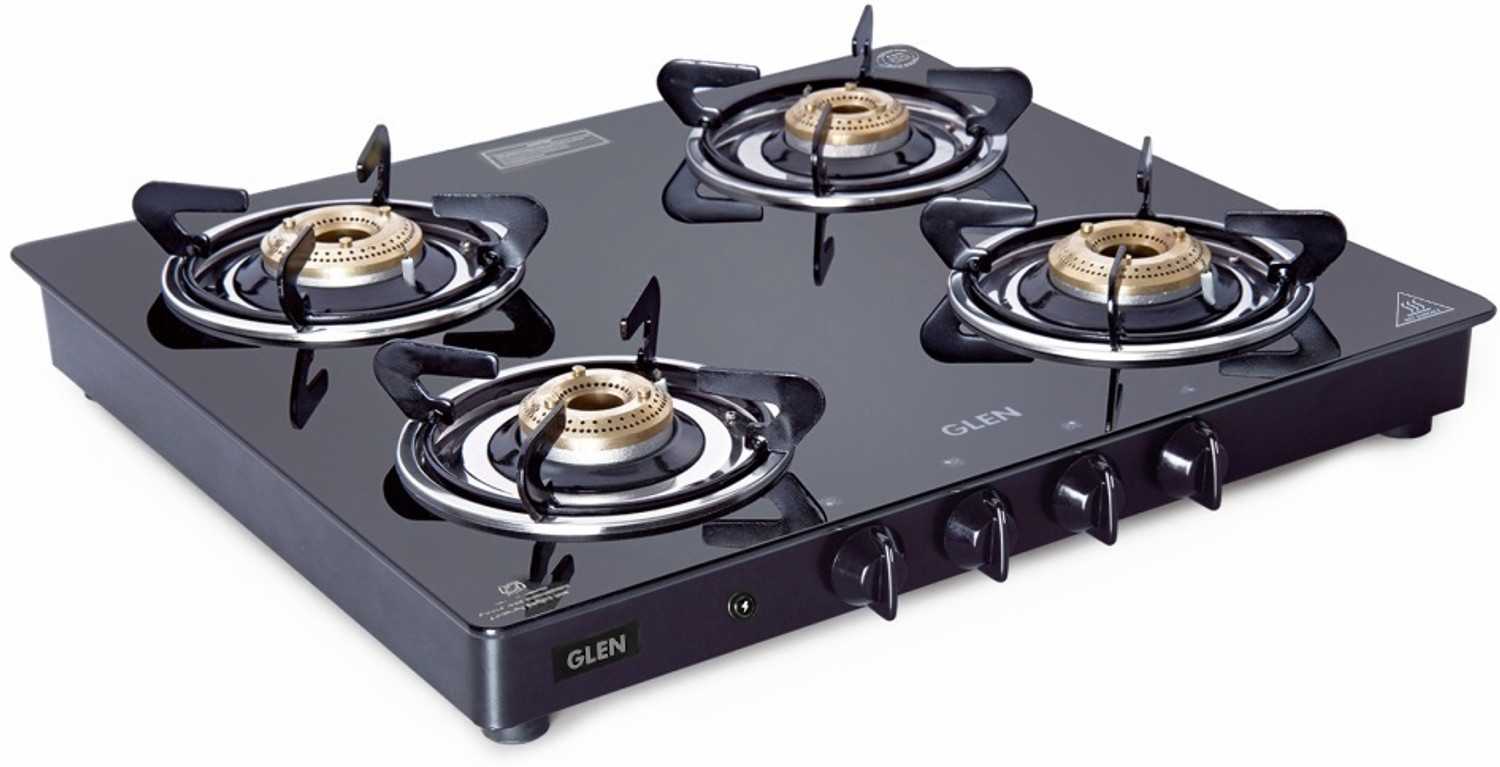 Image of Glen Gas Stove with Brass Burner Black (1041 GT BB BL) Glass Automatic Gas Stove