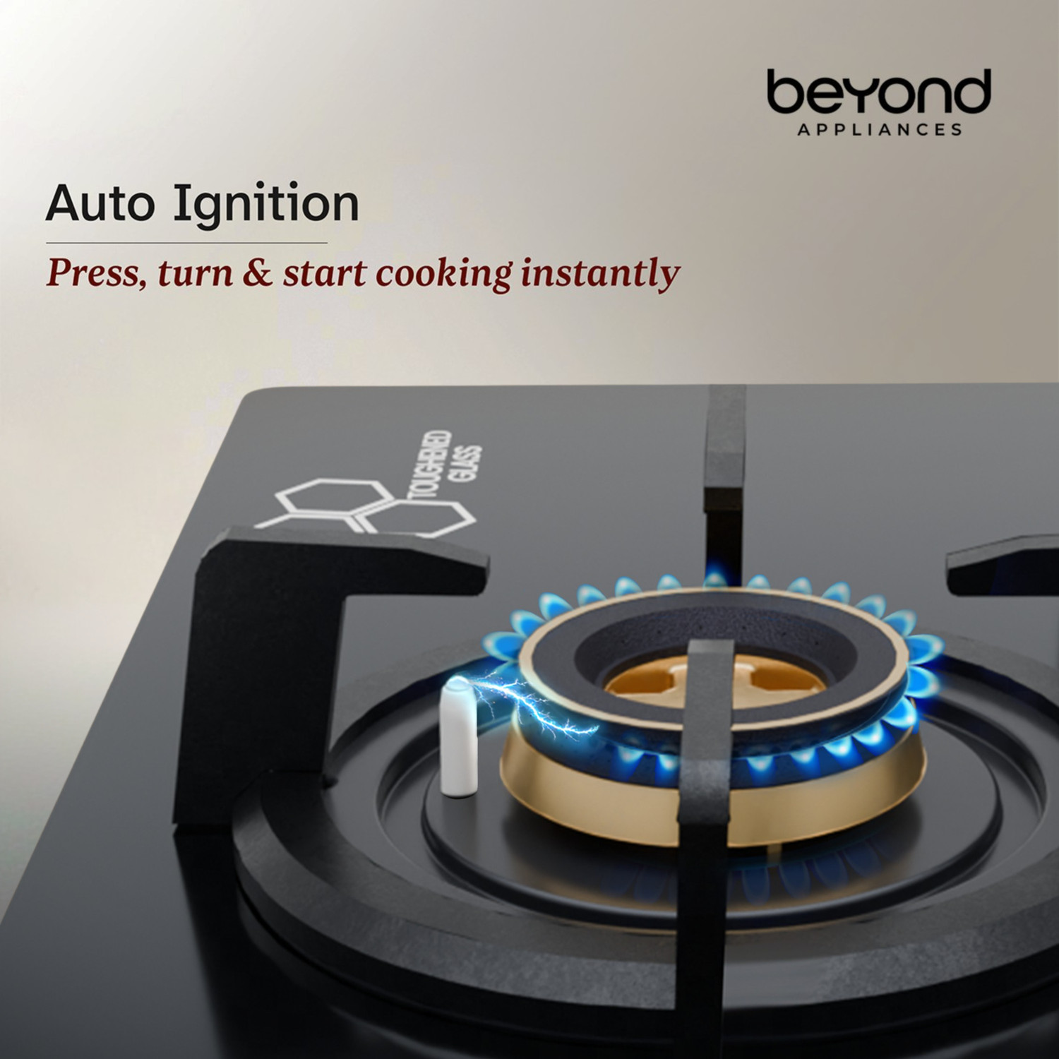 Image of Beyond Appliances ZYRA 4 Brass Smart Hob, Digital Timer, FFD & Auto Ignition Burners Glass Automatic Hob