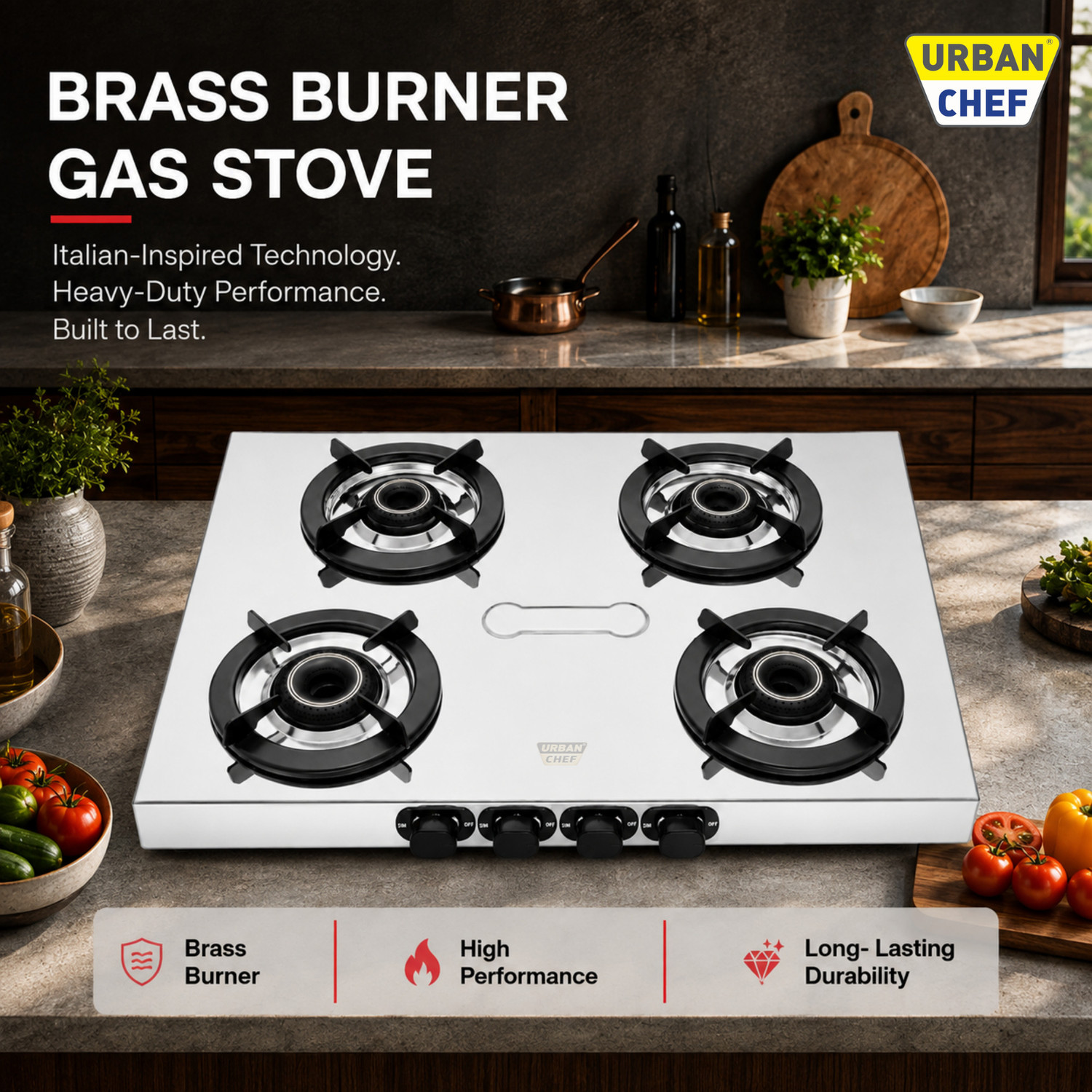 Image of Urban Chef Manual Ignition LPG Gas Stove|Heavy-Duty 1.2mm SS Body | ISI Certified Stainless Steel Manual Gas Stove