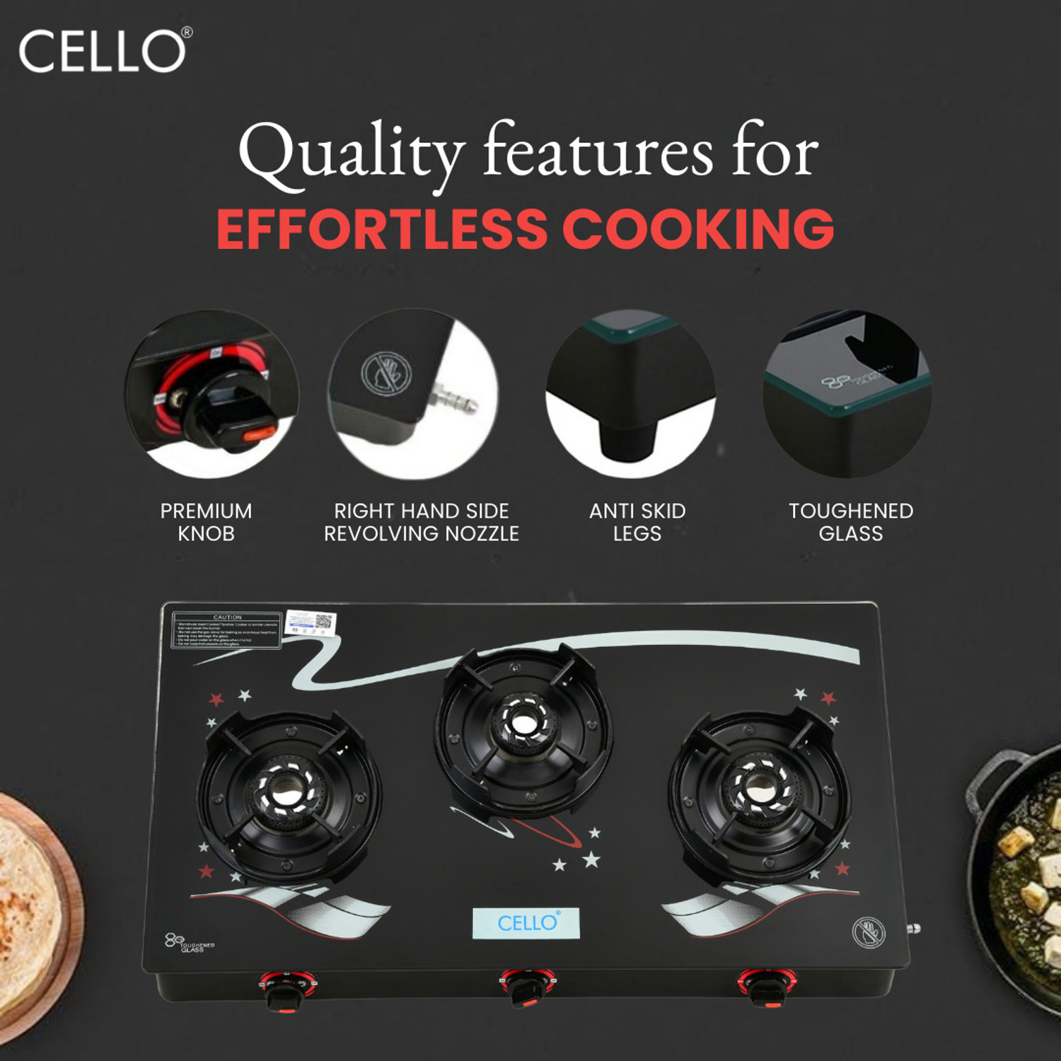 Image of CELLO Star Manual Gas Stove Black Glass Top, Alloy Burners Glass Manual Gas Stove