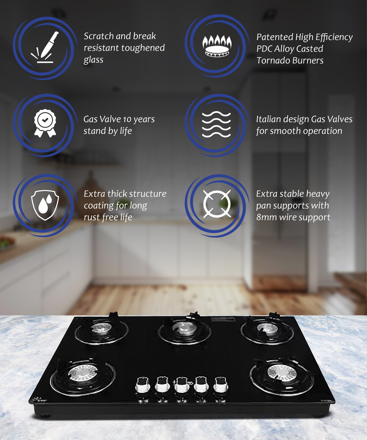Image of Hamlay Exclusive 5B Hobtop Toughened Glass Tornado Burner Manual hobtop Glass Manual Hob (5 Burners)