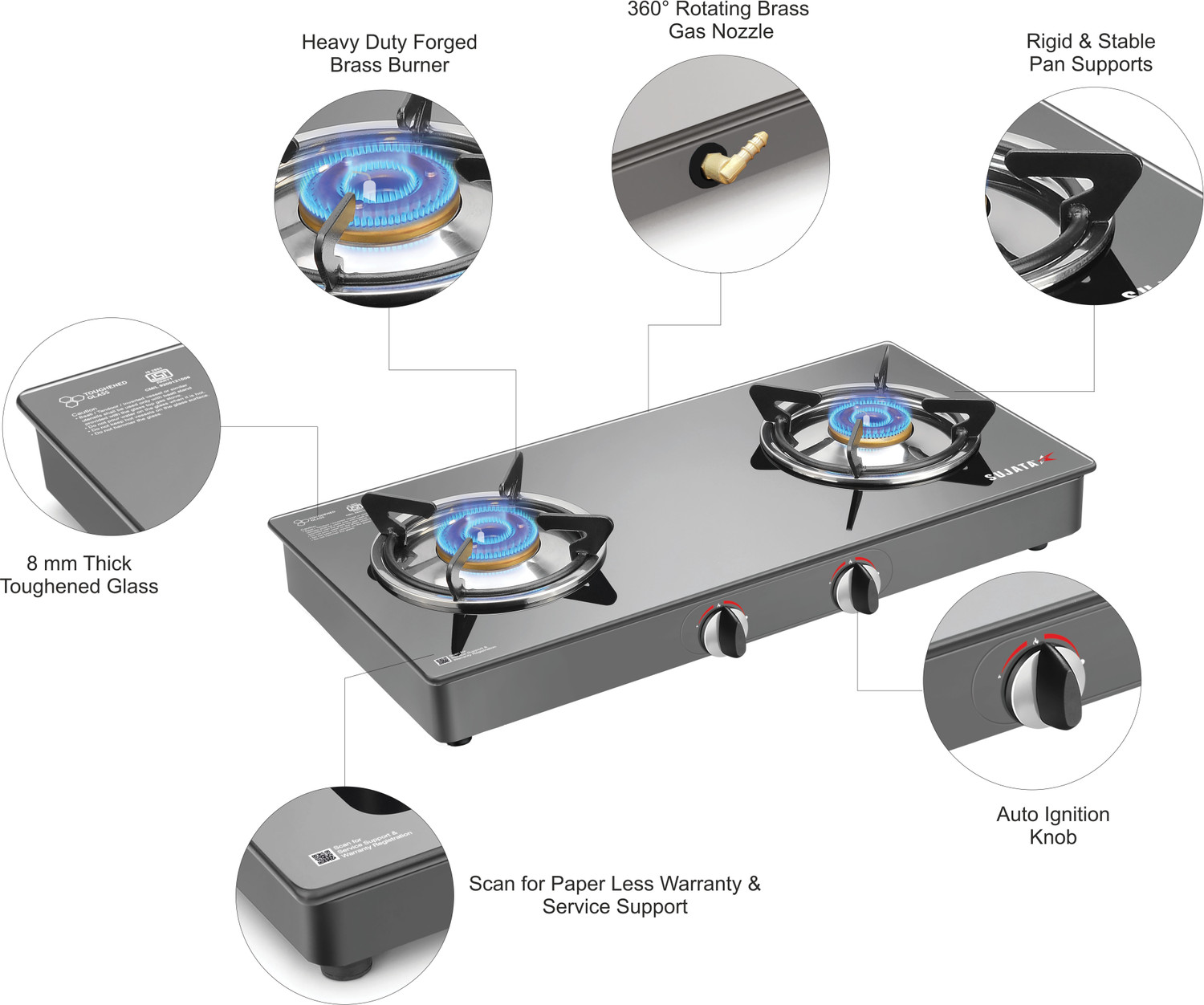 Image of SUJATA Gas Stove 2Burner | Gas Chulha for Kitchen | ISI Certified | Standard Gas Stove| Glass Automatic Gas Stove