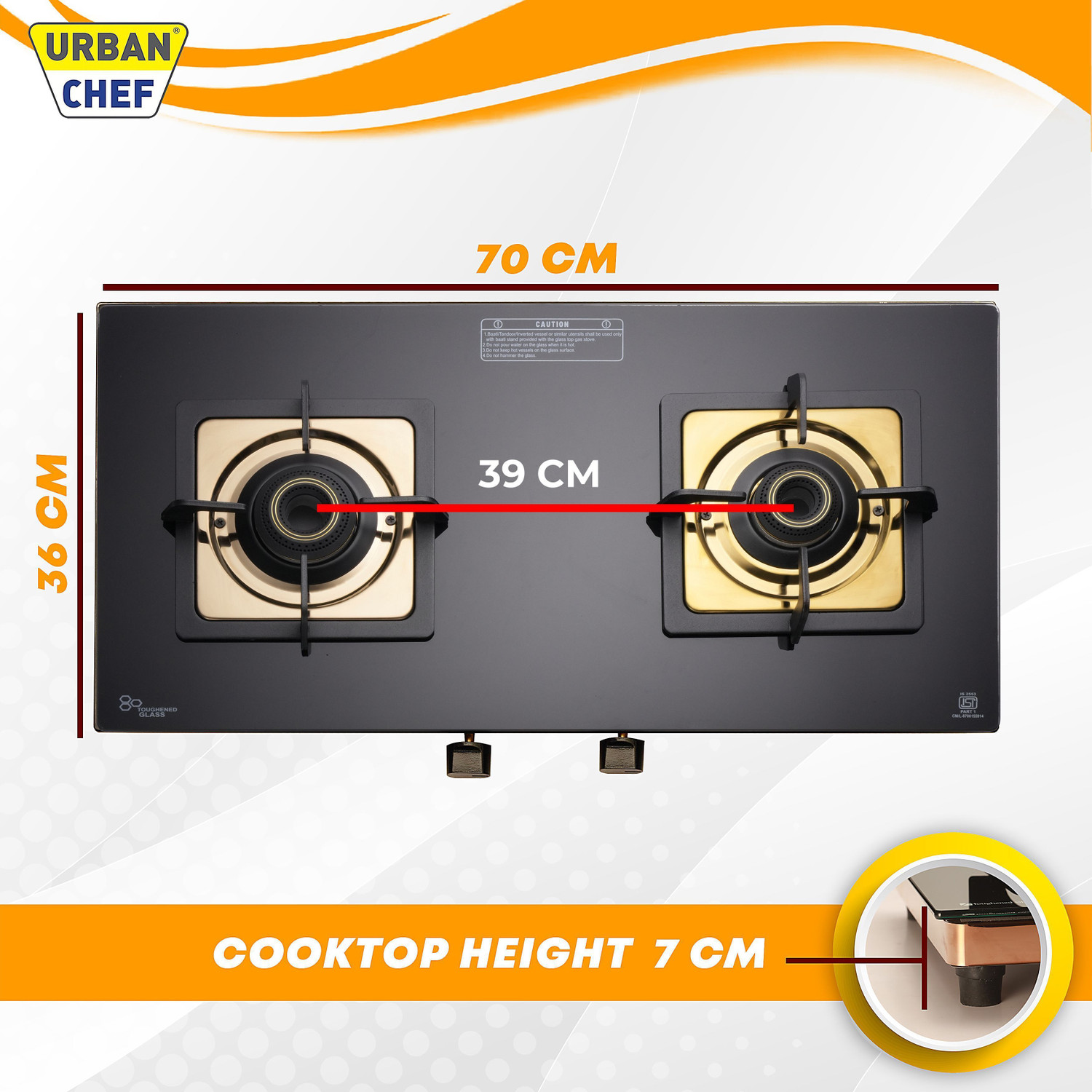 Image of Urban Chef Gas Stove 2 Burner | Gas Chulha | ISI Certified | Brass Burner | Gold | Glass Manual Gas Stove