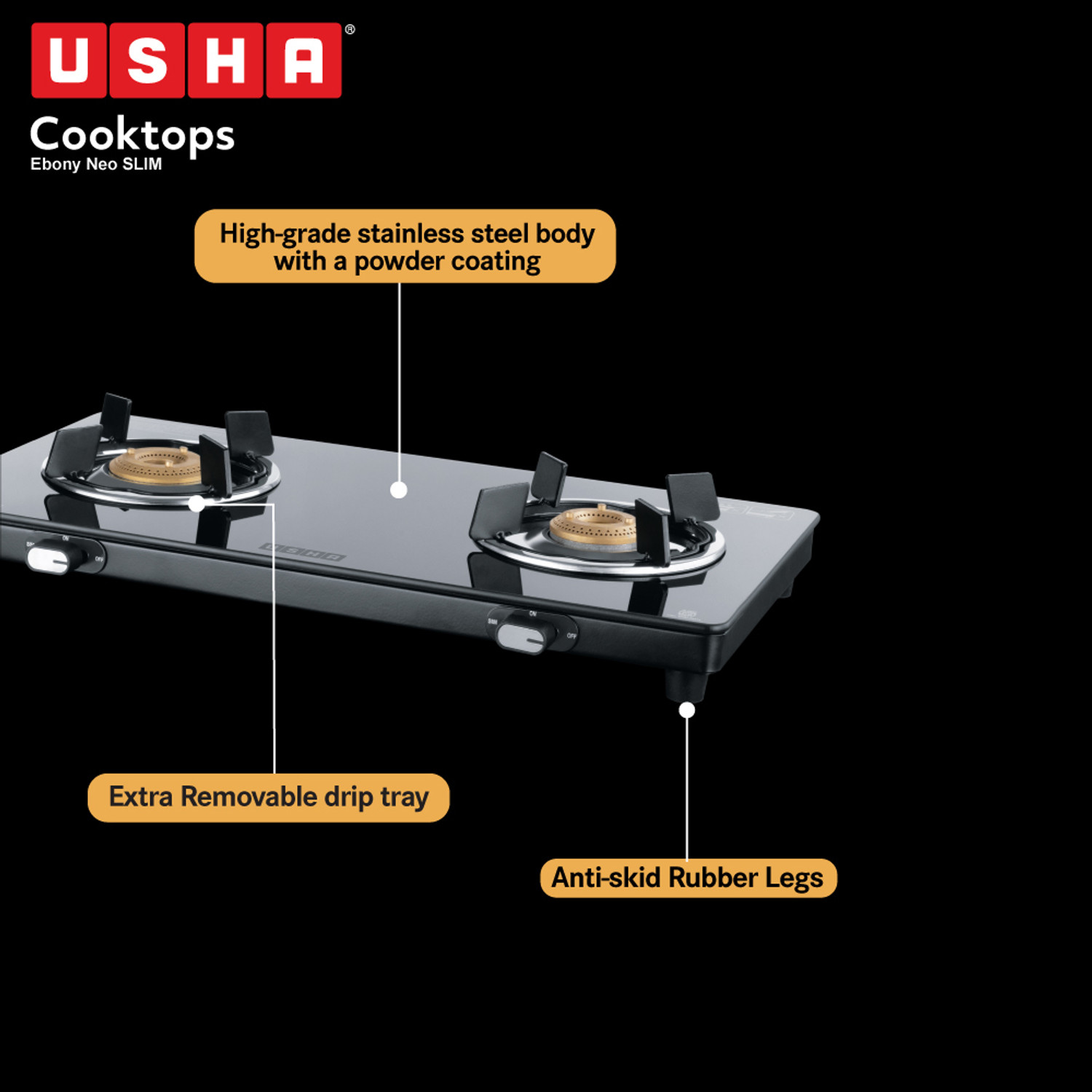 Image of USHA Ebony Neo Slim 2 burner Stainless Steel Manual Gas Stove