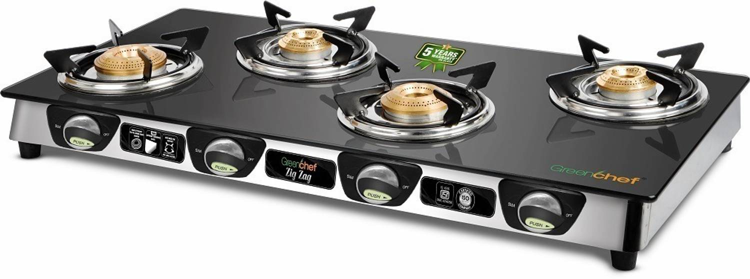 Greenchef ZIg Zag Glasstop 4Burner Glass Manual Gas Stove Price in