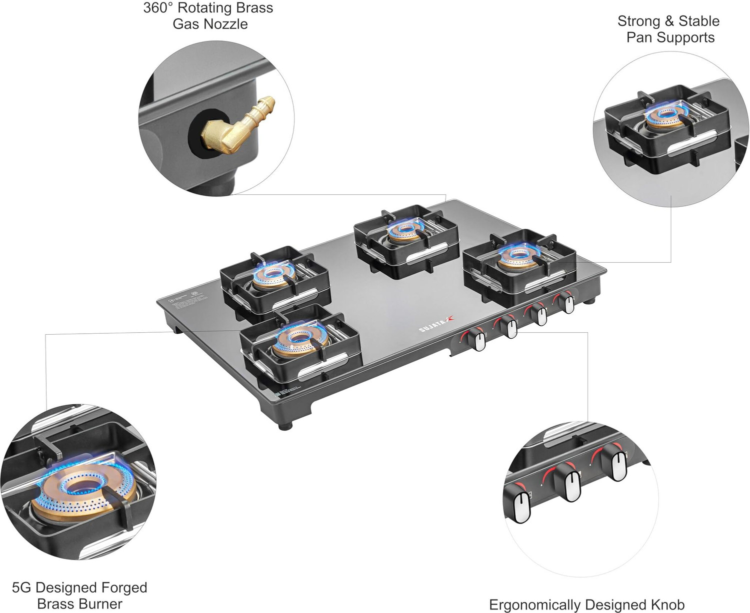 Image of SUJATA Gas Stove 4 Burner | Gas Chulha for Kitchen | ISI Certified | ( 4B Regal M ) Glass, Iron Manual Gas Stove