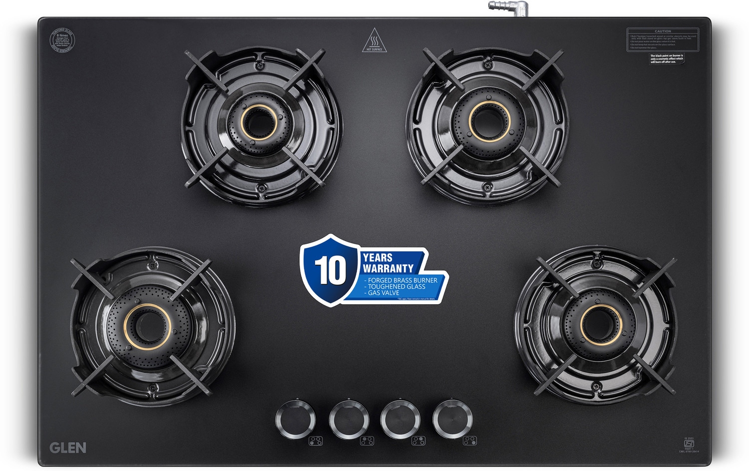 Image of Glen Premium LPG Gas Stove 4 Burner | Matt Glass & Frame | Forged Brass Burners | Glass Manual Gas Stove