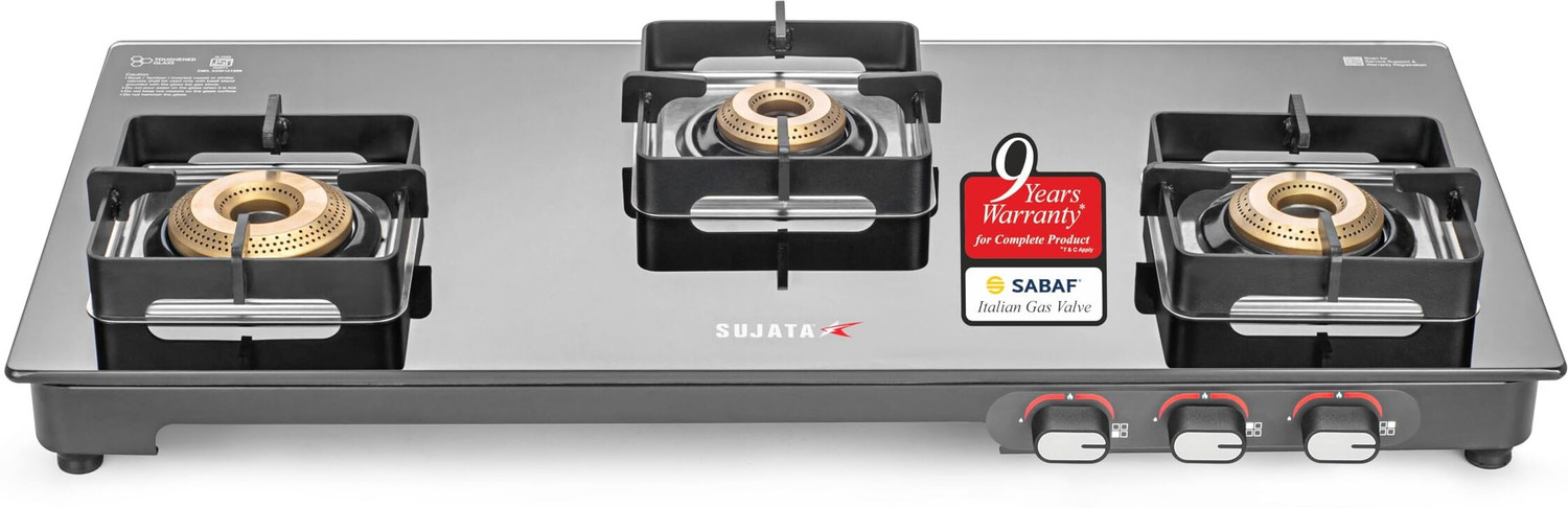 Image of SUJATA Gas Stove 3 Burner | Gas Chulha for Kitchen | ISI Certified | ( 3B Regal M ) Glass, Iron Manual Gas Stove