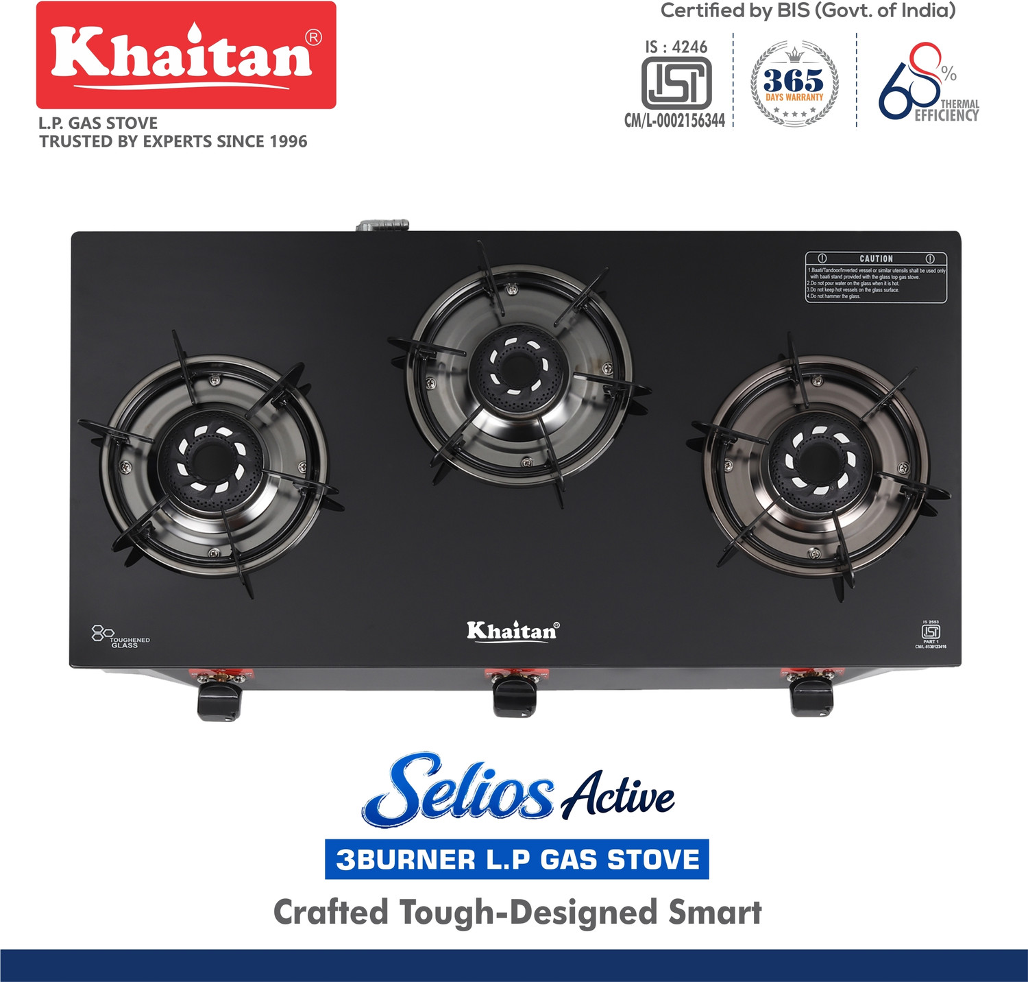 Image of Khaitan 3 Burner Selios Active Black Toughened Glass Manual Gas Stove