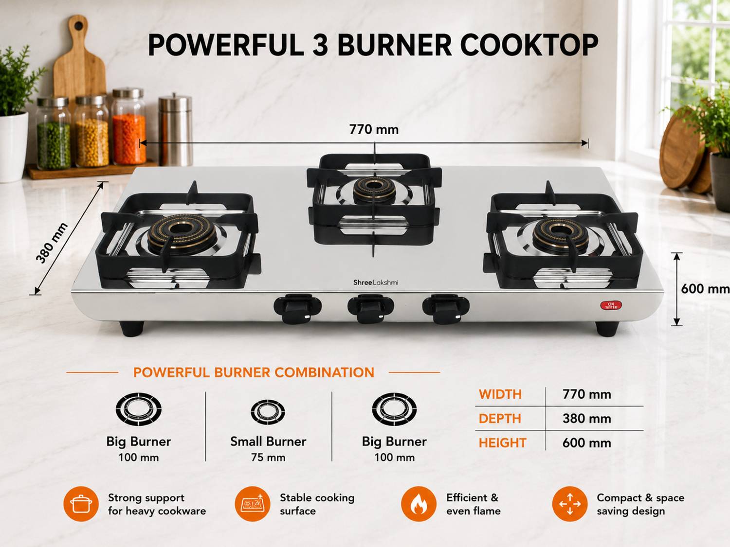 SHREE LAKSHMI Bahubali 3 Burner Stainless Steel Manual Gas Stove