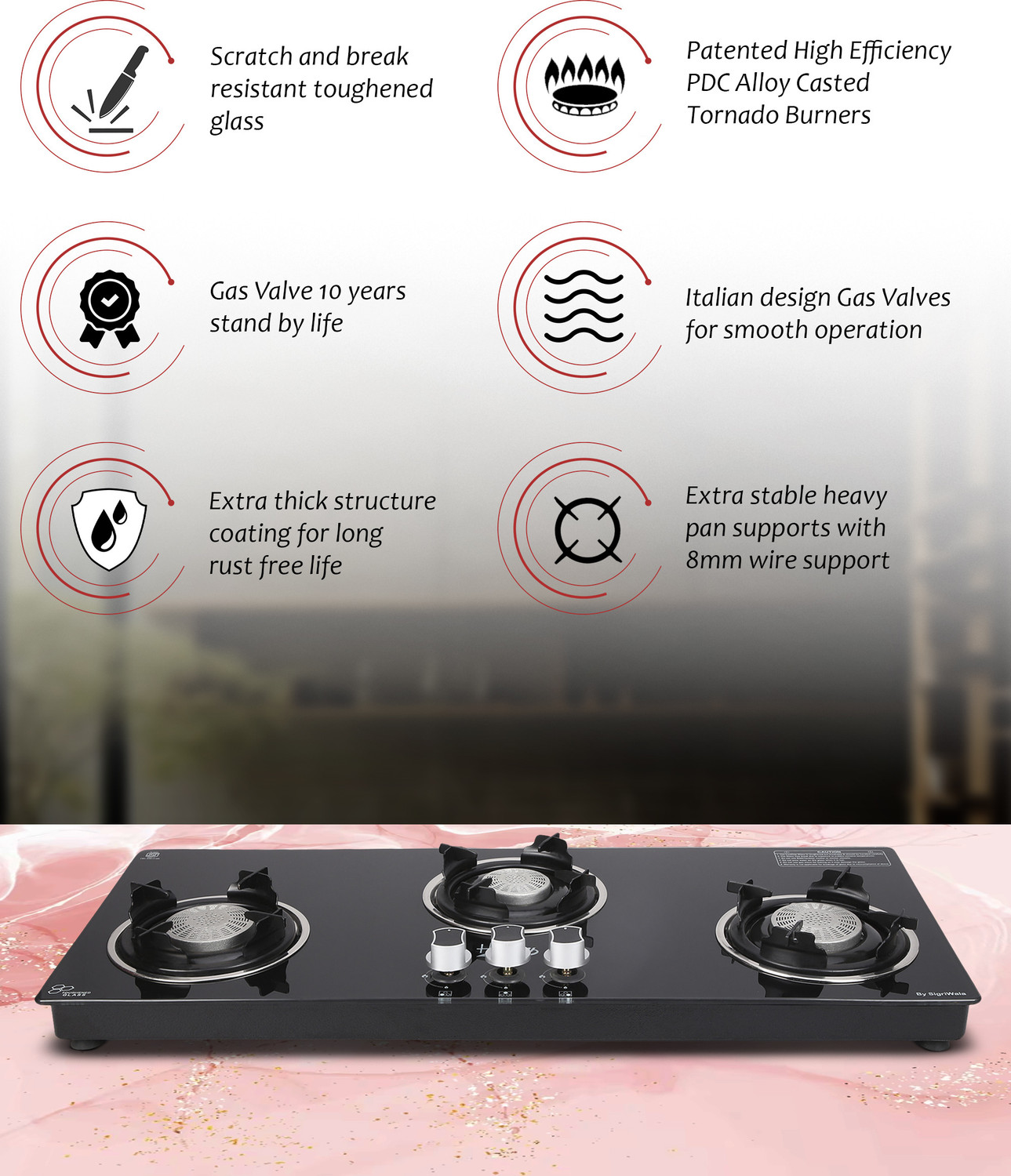 Image of Hamlay Exclusive 3B Hobtop Toughened Glass Tornado Burner Glass hobtop Glass Manual Hob (3 Burners)