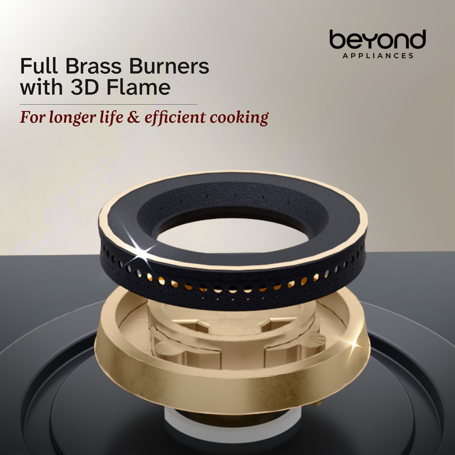 Image of Beyond Appliances ZYRA 4 Brass Smart Hob, Digital Timer, FFD & Auto Ignition Burners Glass Automatic Hob