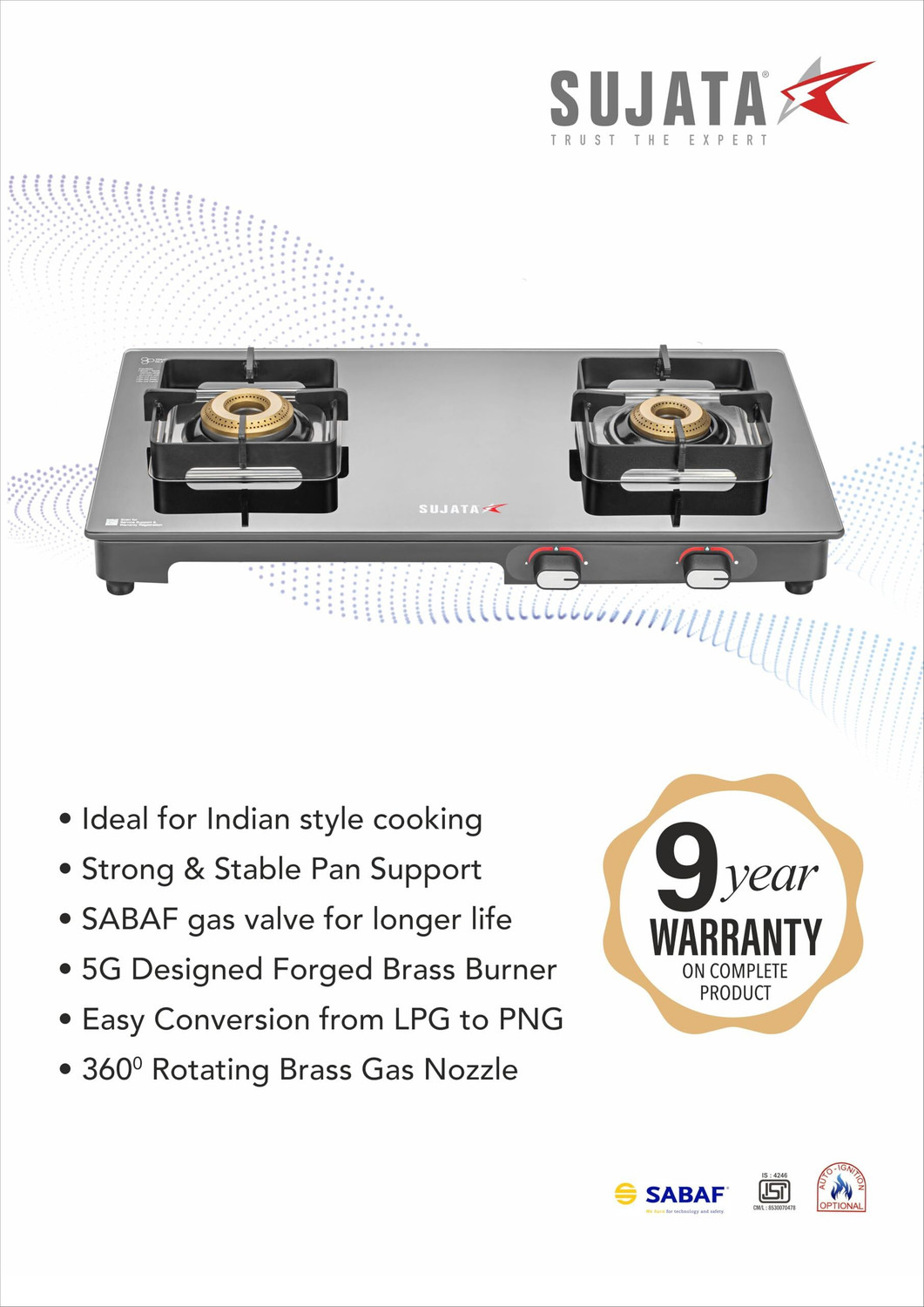 Image of SUJATA Gas Stove 2 Burner | Gas Chulha for Kitchen | ISI Certified | ( 2B Regal M ) Glass, Iron Manual Gas Stove